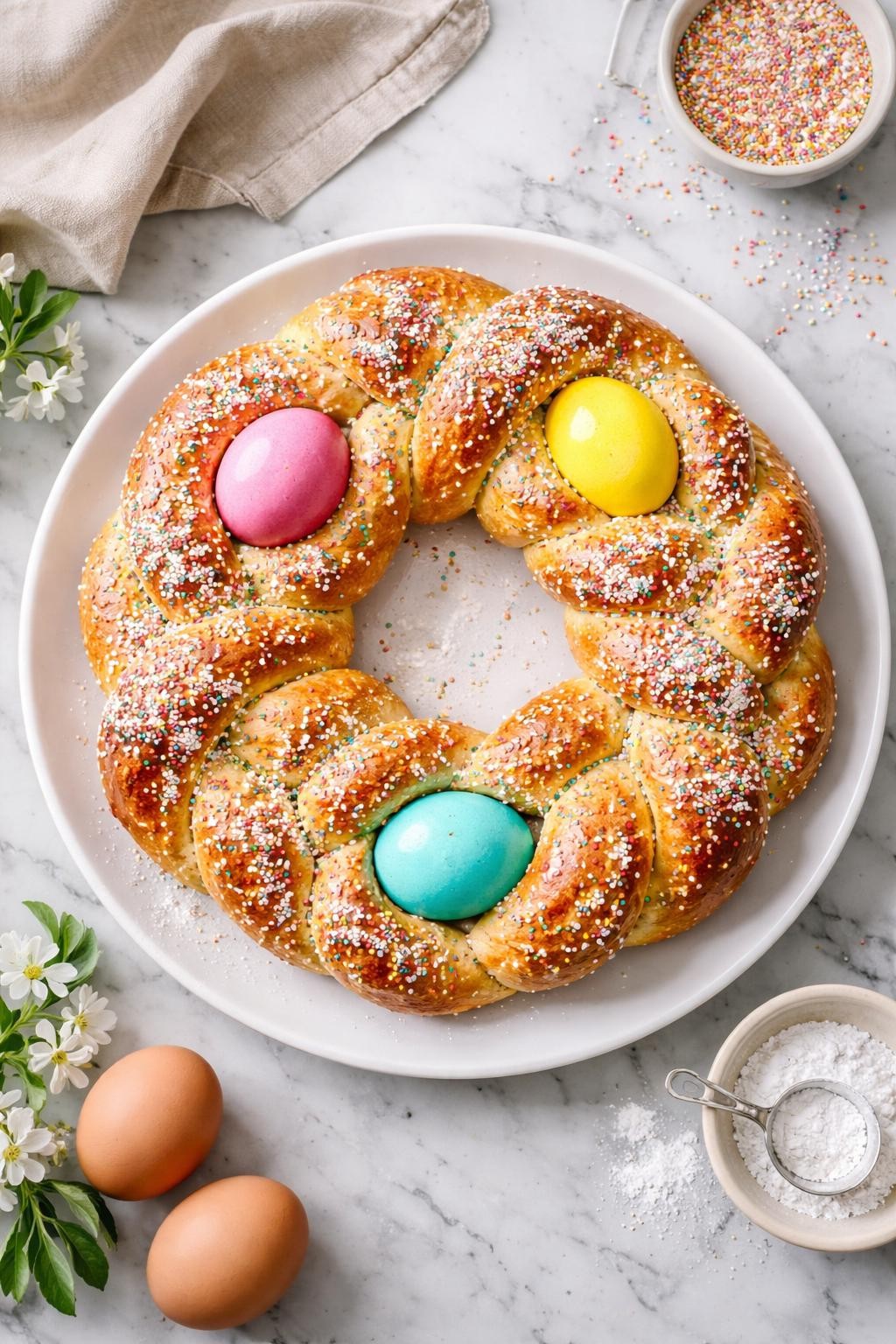 An overheard picture view of a plate of Canestrello di San Marco in Lamis (Puglian Easter Braid) sitting on a marble countertop table in the kitchen, professional food photography style.