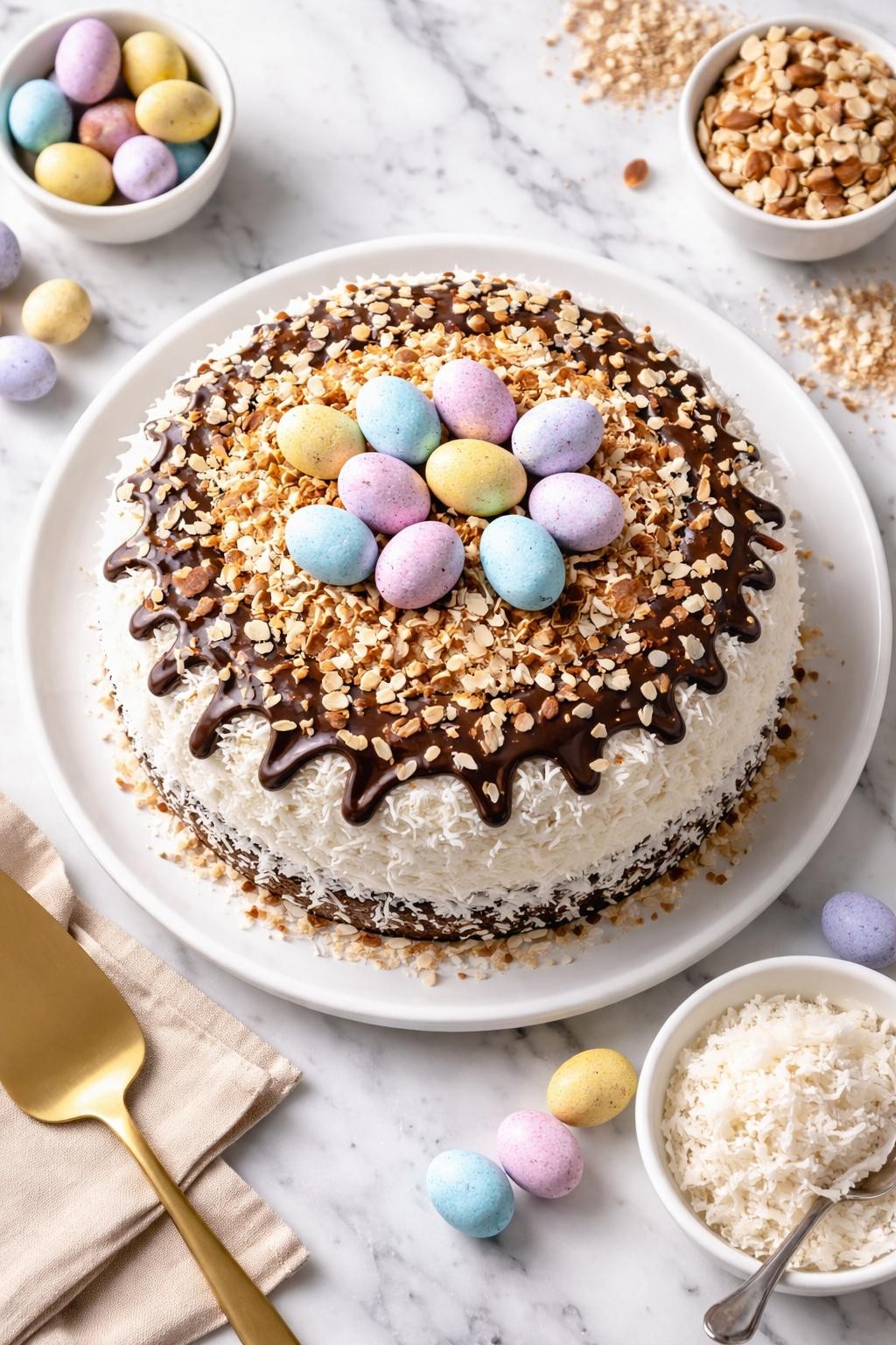 An overheard picture view of a plate of Almond Joy Easter Cake sitting on a marble countertop table in the kitchen, professional food photography style.