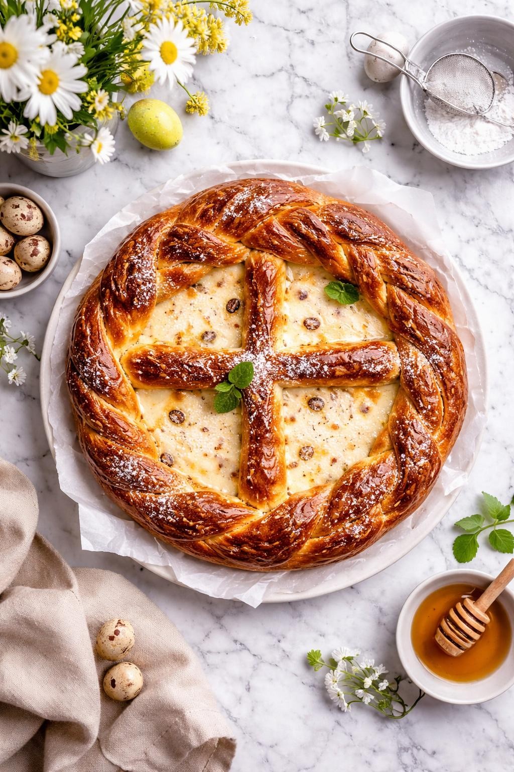 An overheard picture view of a plate of Pasca (Romanian Easter Sourdough Bread) sitting on a marble countertop table in the kitchen, professional food photography style.