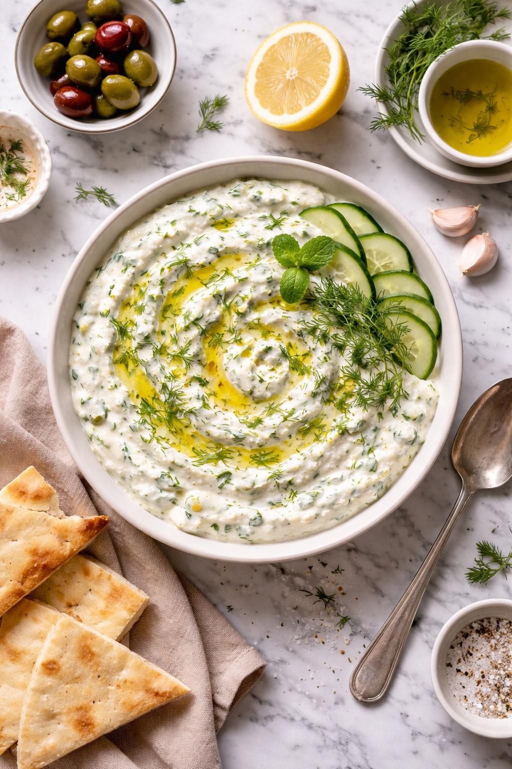 An overheard picture view of a plate of Tzatziki sitting on a marble countertop table in the kitchen, professional food photography style.