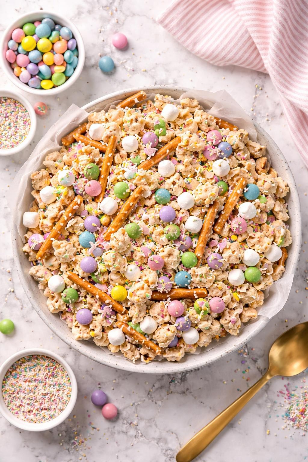 An overheard picture view of a plate of Classic Bunny Bait sitting on a marble countertop table in the kitchen, professional food photography style.