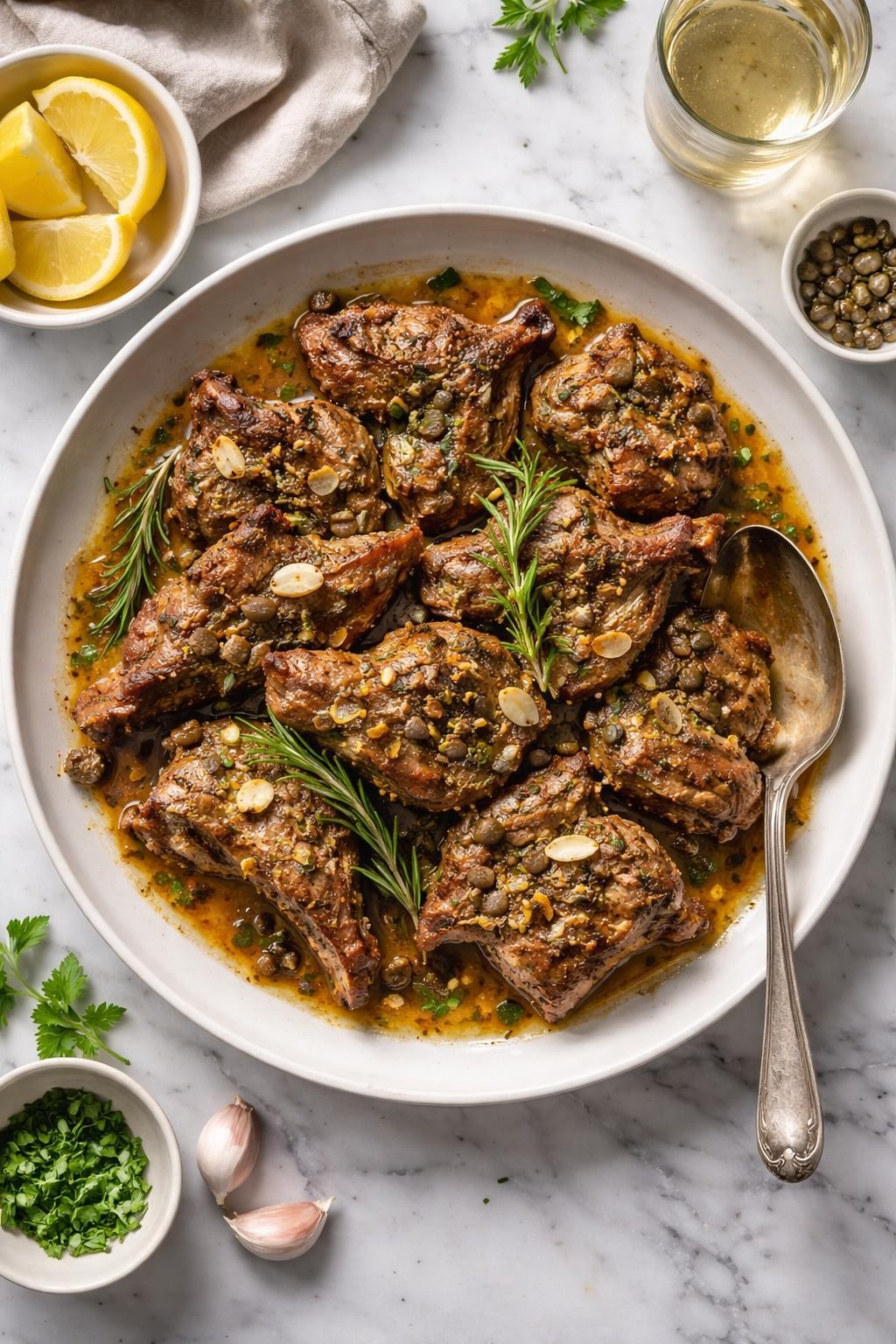 An overheard picture view of a plate of Abbacchio alla Romana (Roman-Style Roast Lamb) sitting on a marble countertop table in the kitchen, professional food photography style.