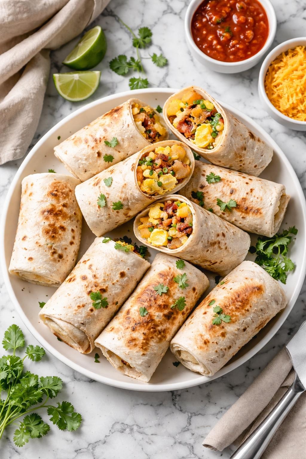 An overheard picture view of a plate of Make-Ahead Breakfast Burritos sitting on a marble countertop table in the kitchen, professional food photography style.