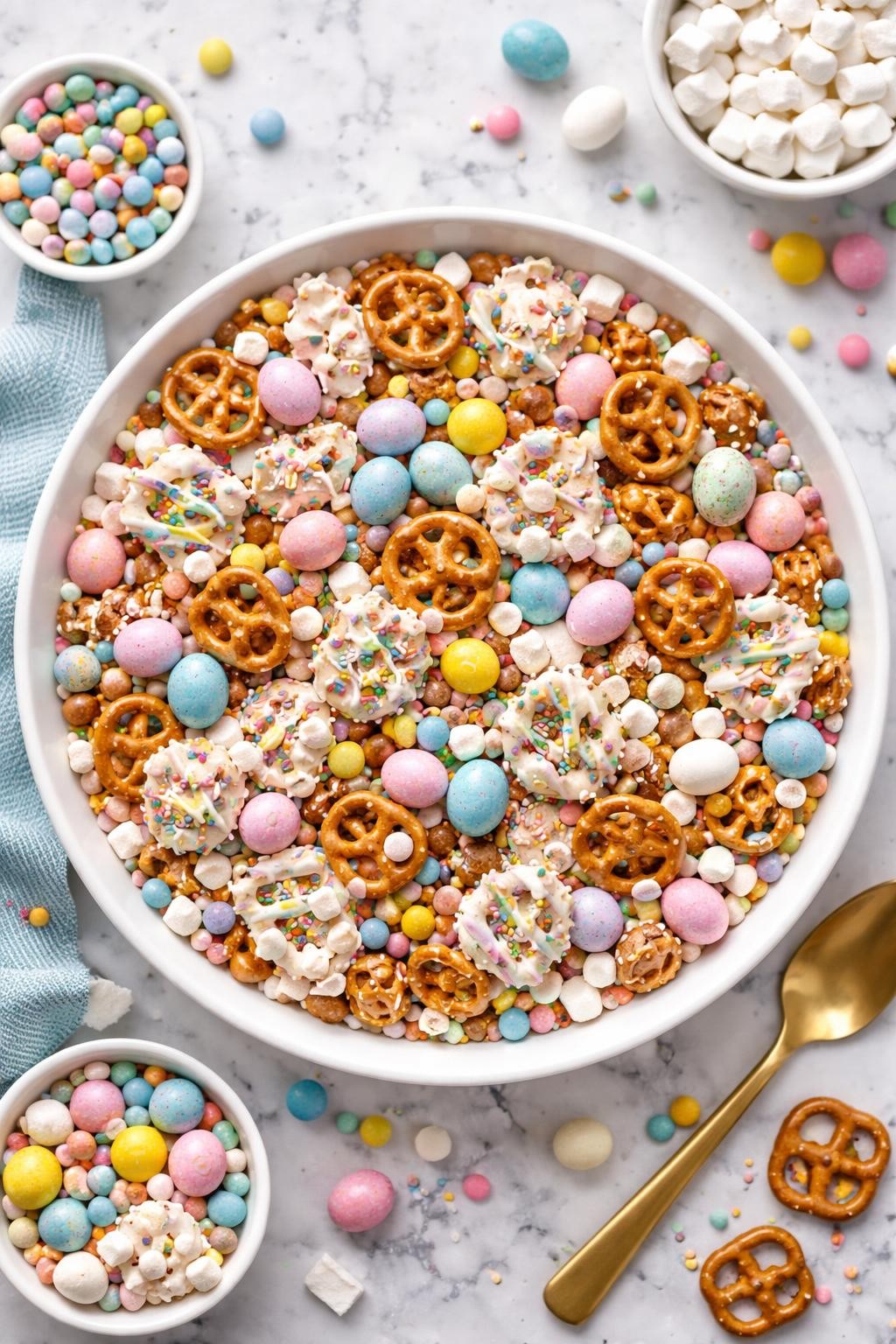 An overheard picture view of a plate of Ultimate Easter Candy Trail Mix sitting on a marble countertop table in the kitchen, professional food photography style.