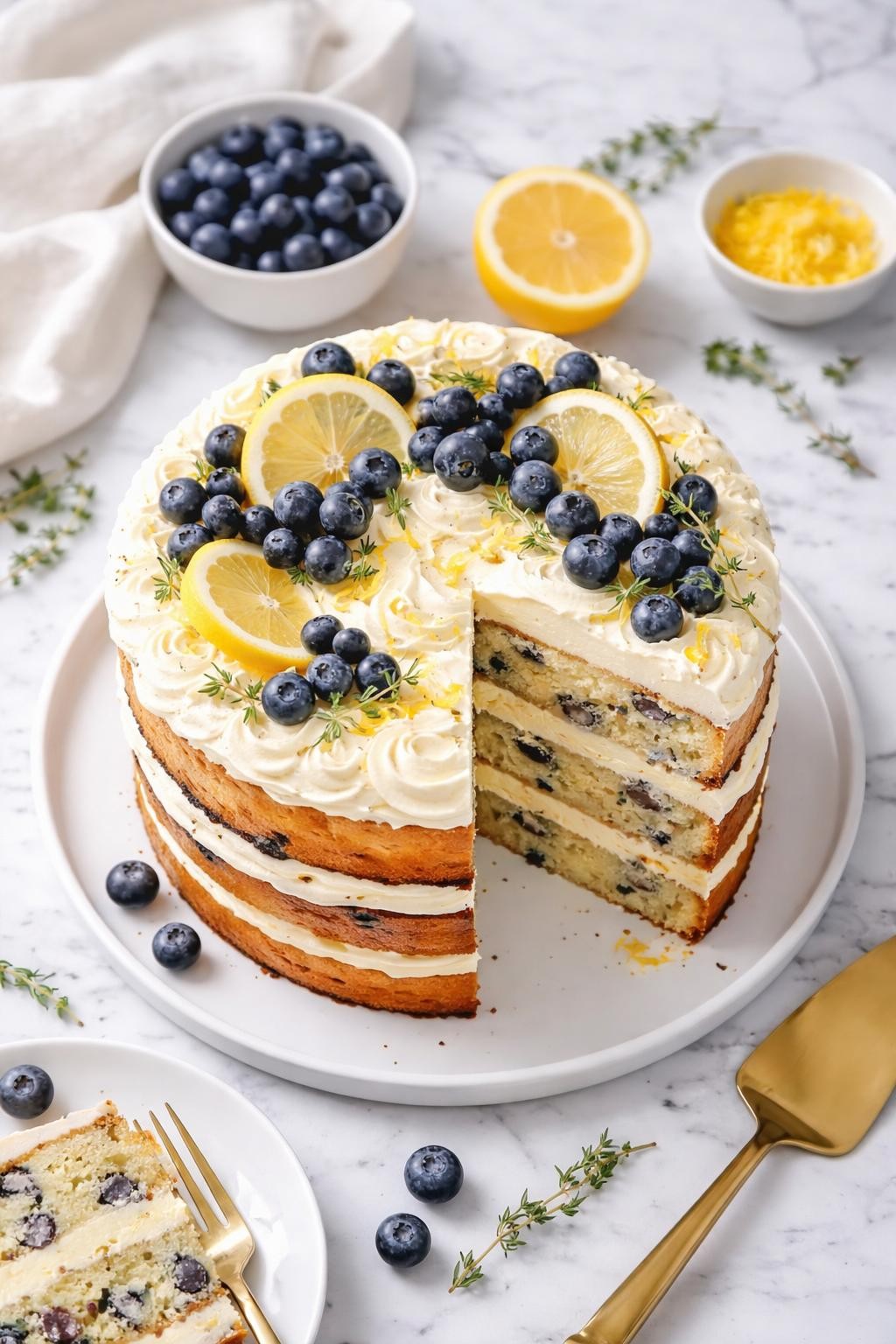 An overheard picture view of a plate of Lemon Blueberry Layer Cake sitting on a marble countertop table in the kitchen, professional food photography style.