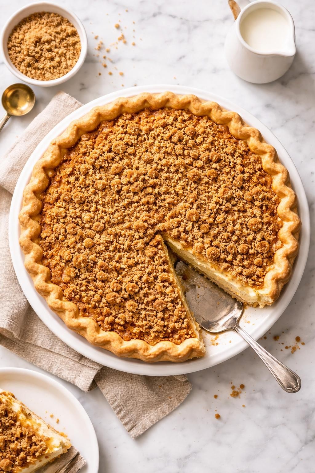 An overheard picture view of a plate of Amish Vanilla Pie sitting on a marble countertop table in the kitchen, professional food photography style.