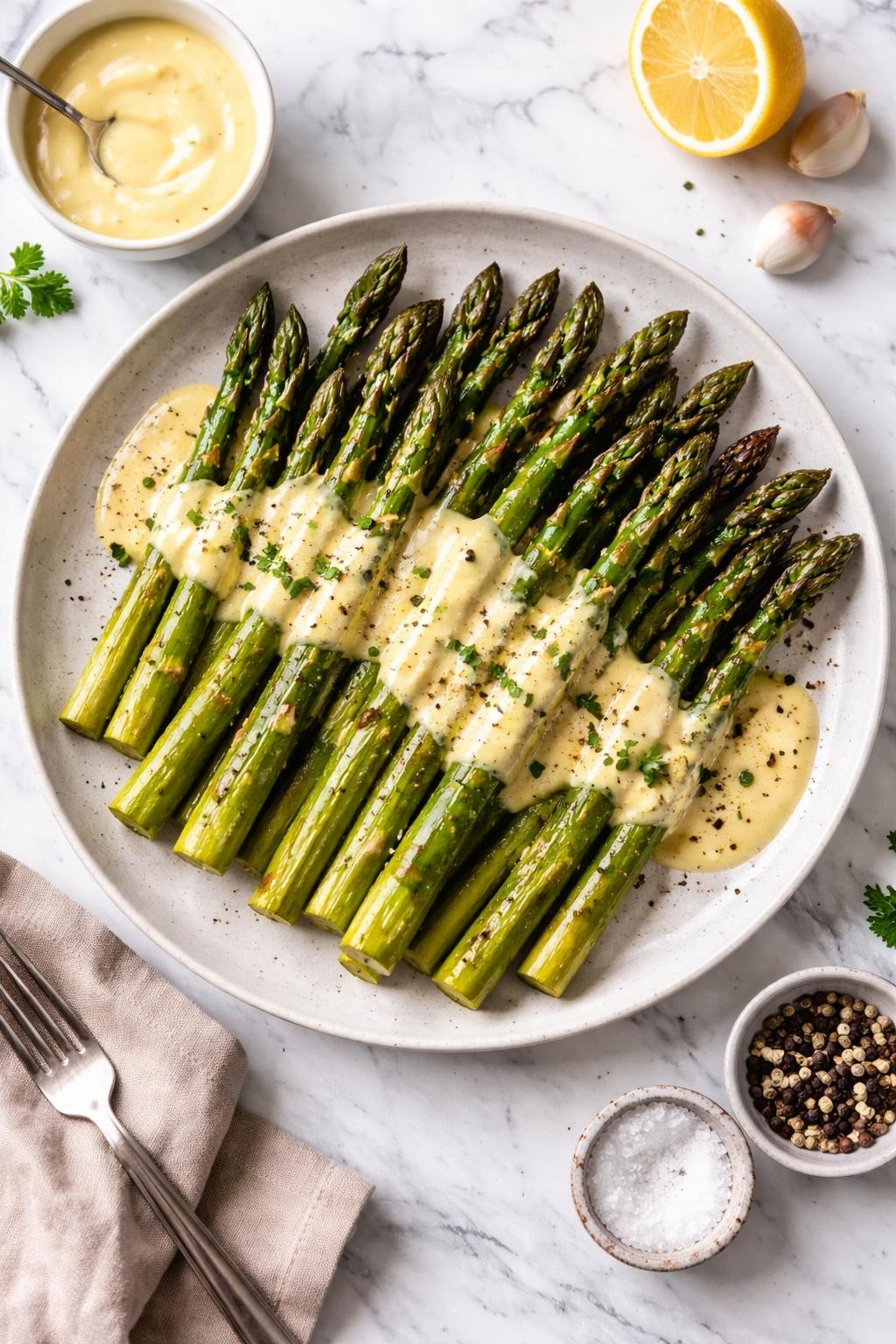 An overheard picture view of a plate of Roasted Asparagus with Hollandaise sitting on a marble countertop table in the kitchen, professional food photography style.