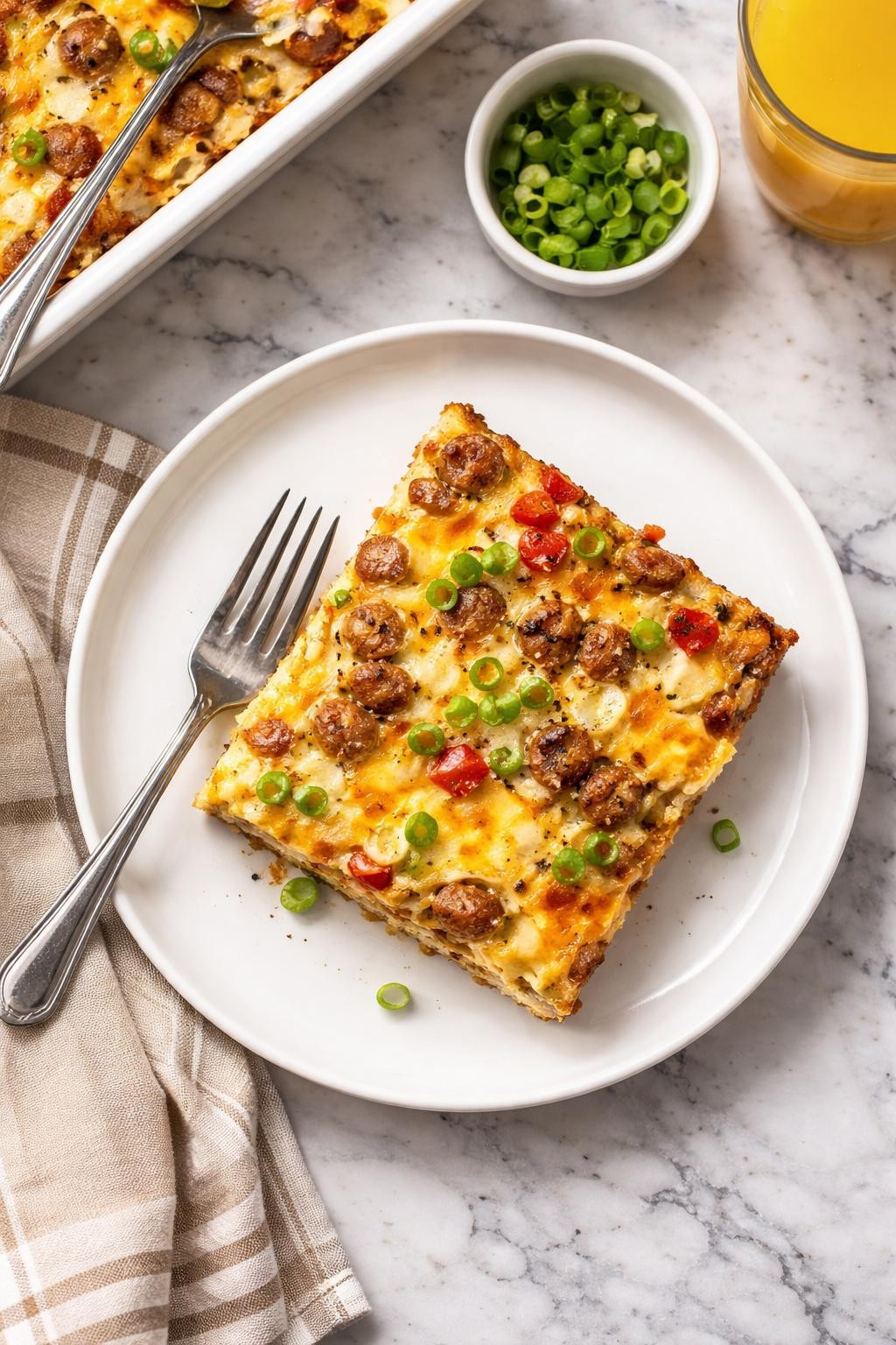 An overheard picture view of a plate of Sausage and Egg Breakfast Casserole sitting on a marble countertop table in the kitchen, professional food photography style.