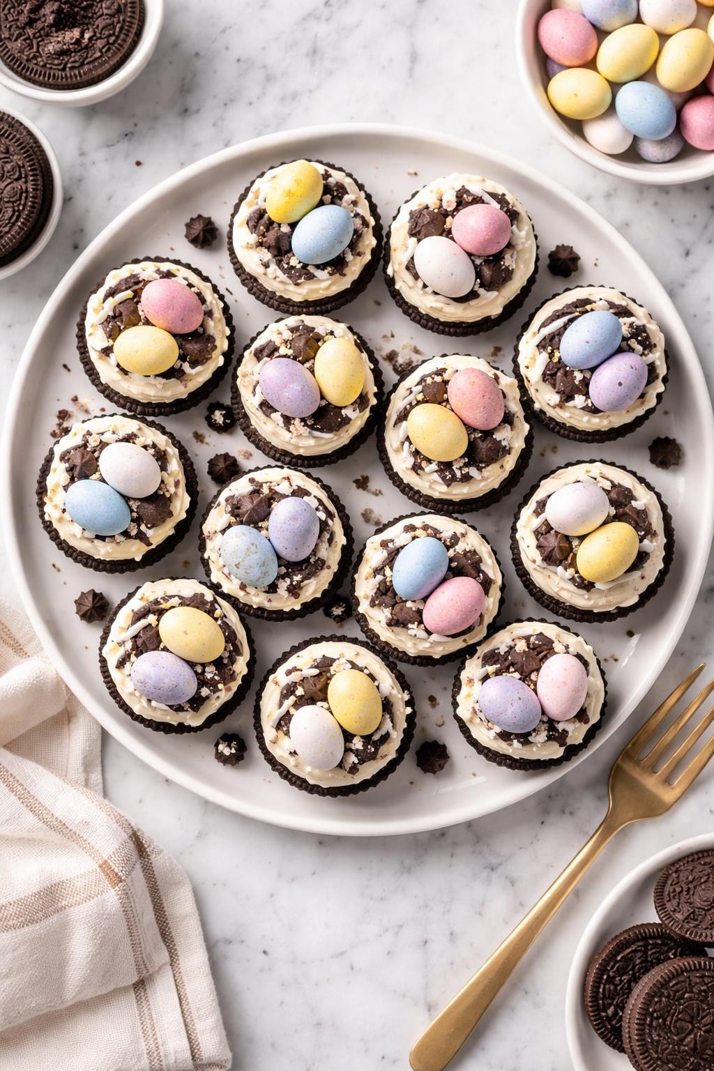 An overheard picture view of a plate of Oreo Easter Egg Cheesecake Bites sitting on a marble countertop table in the kitchen, professional food photography style.