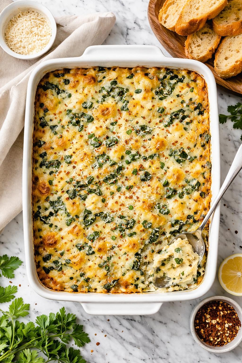 An overheard picture view of a plate of Spinach and Artichoke Dip Casserole sitting on a marble countertop table in the kitchen, professional food photography style.
