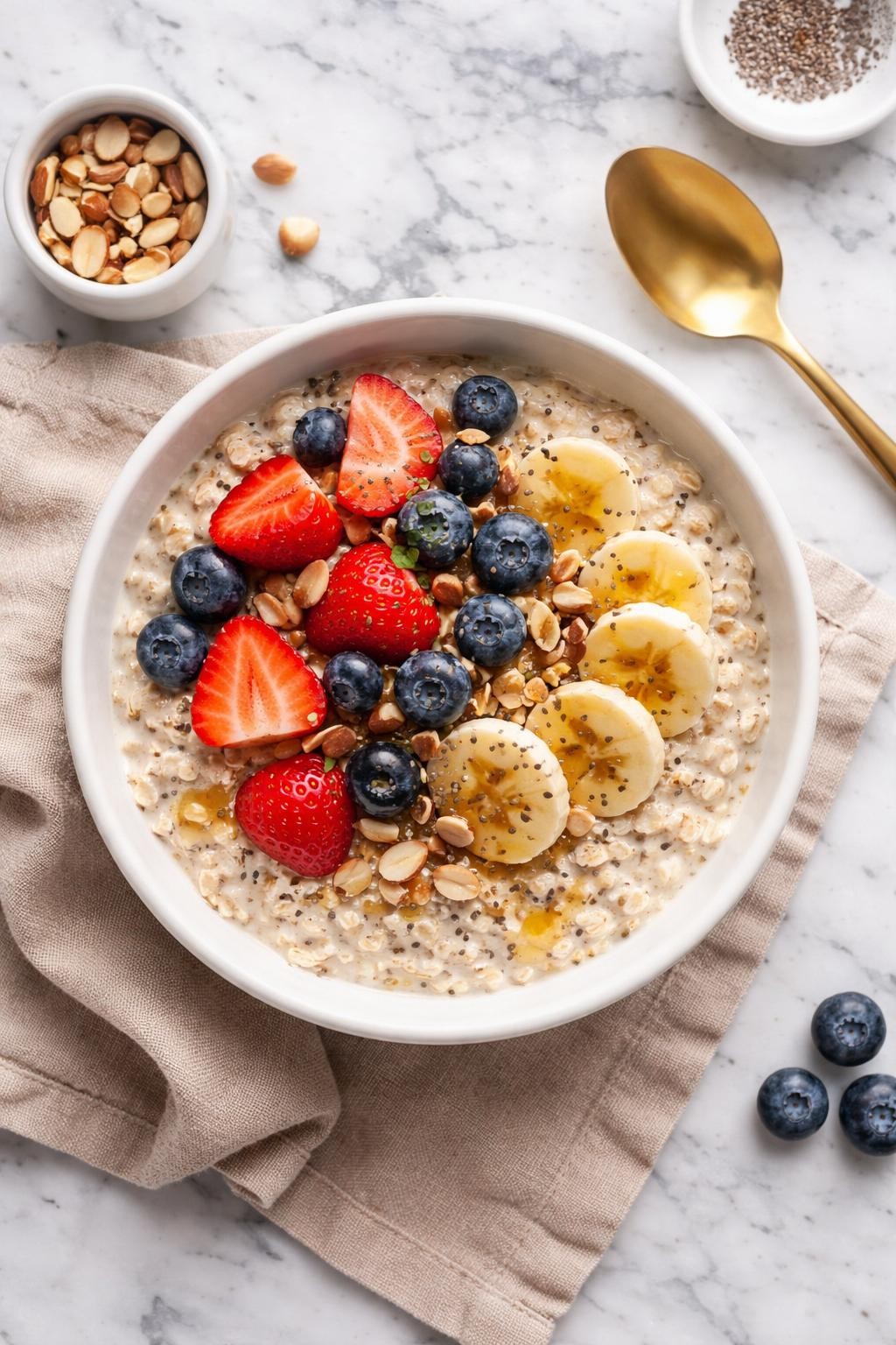 An overheard picture view of a plate of Overnight Steel Cut Oats sitting on a marble countertop table in the kitchen, professional food photography style.