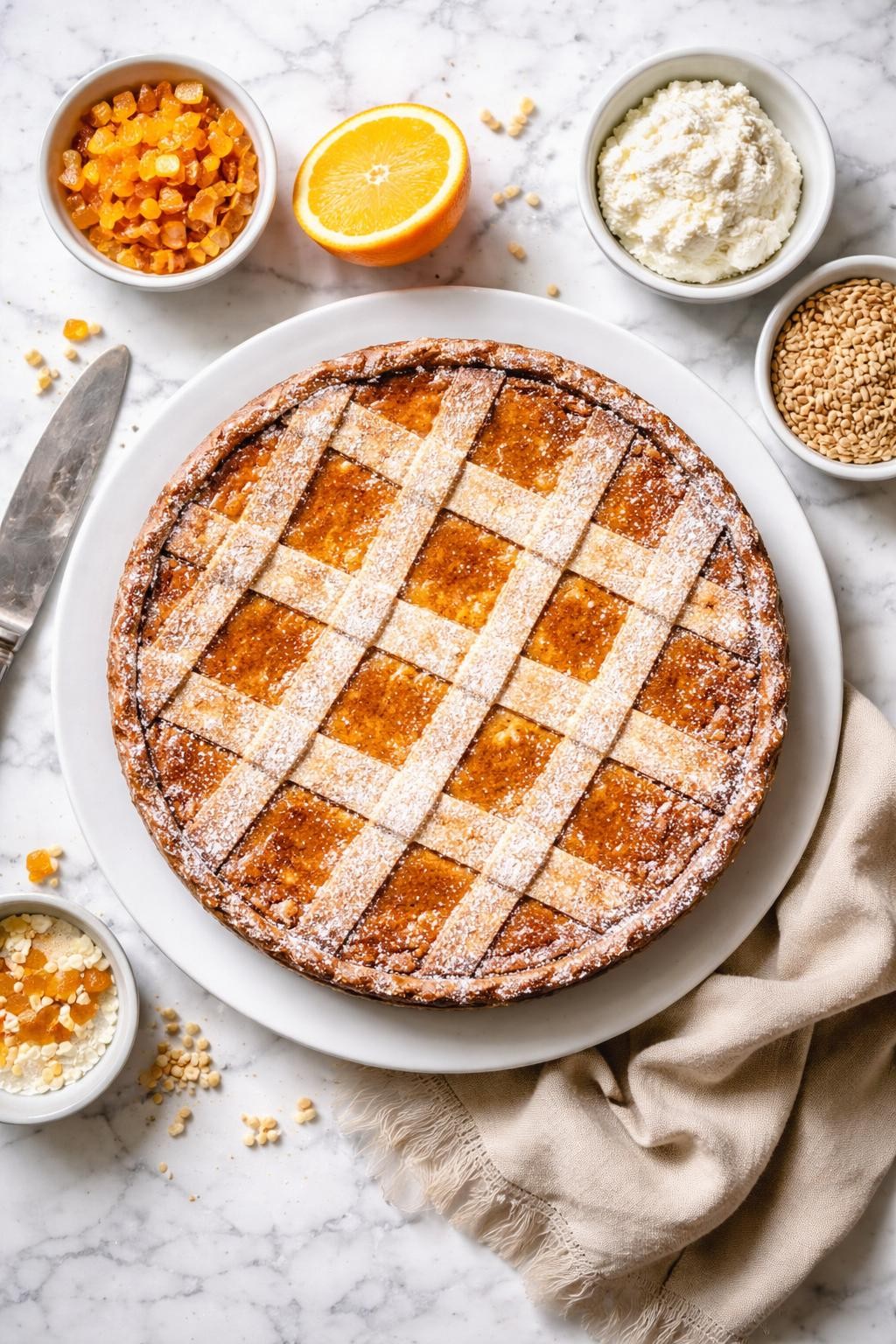 An overheard picture view of a plate of Pastiera Napoletana sitting on a marble countertop table in the kitchen, professional food photography style.