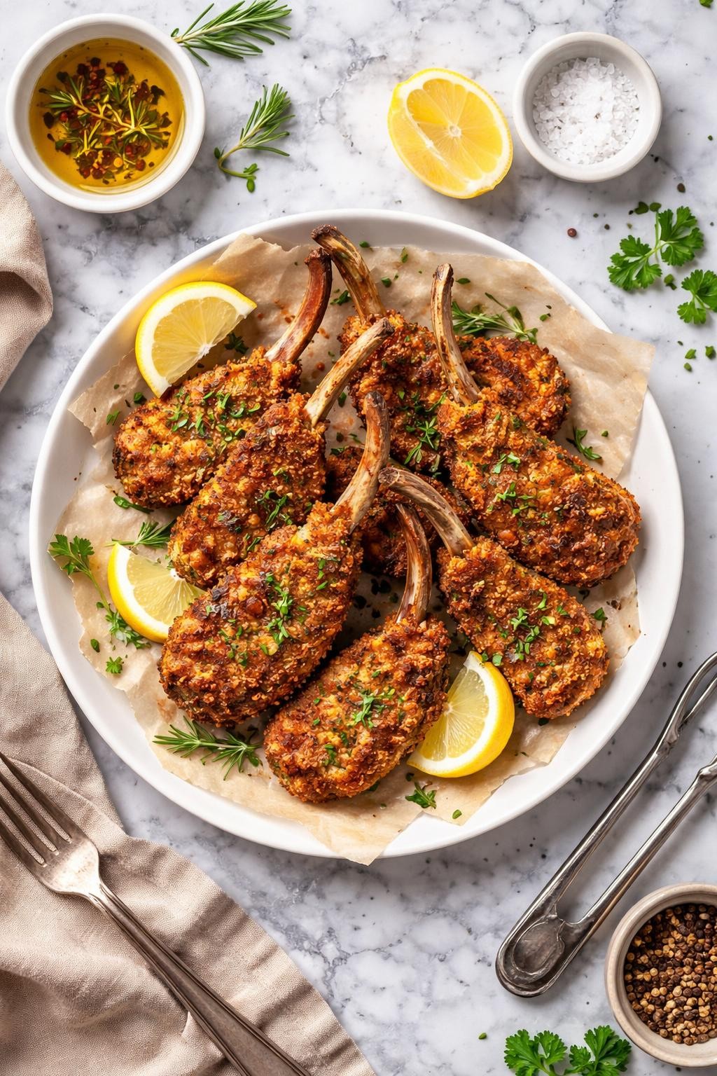 An overheard picture view of a plate of Costolette d'Abbacchio fritte (Roman-Style Breaded Lamb Chops) sitting on a marble countertop table in the kitchen, professional food photography style.