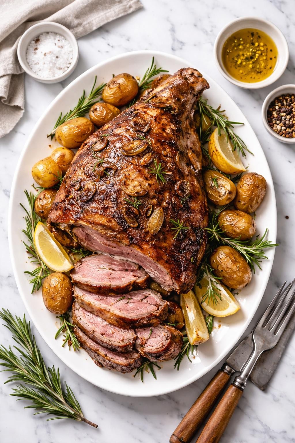 An overheard picture view of a plate of Roasted Leg of Lamb with Garlic and Rosemary sitting on a marble countertop table in the kitchen, professional food photography style.