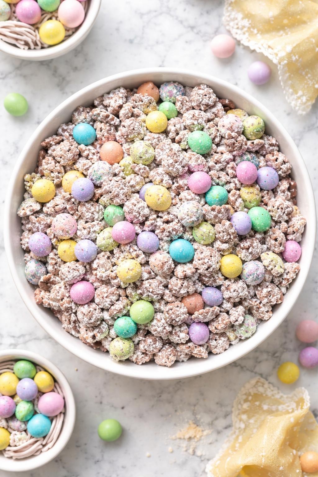 An overheard picture view of a plate of Classic Muddy Buddies with Easter Twist sitting on a marble countertop table in the kitchen, professional food photography style.