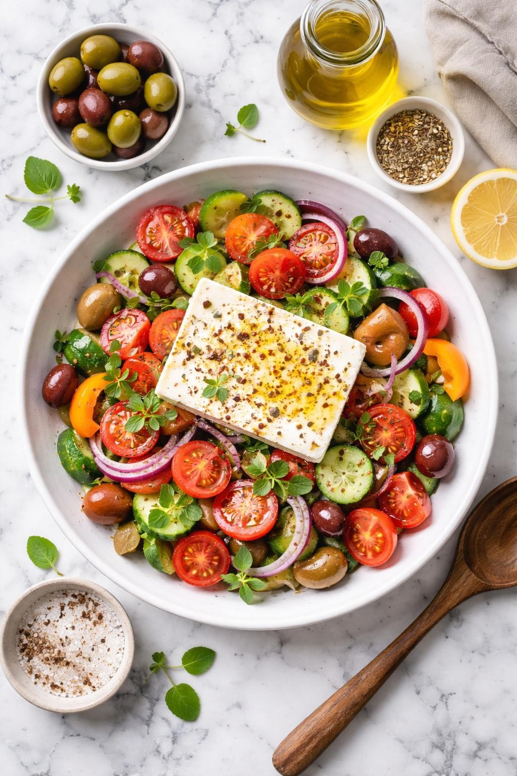 An overheard picture view of a plate of Greek Salad (Horiatiki) sitting on a marble countertop table in the kitchen, professional food photography style.