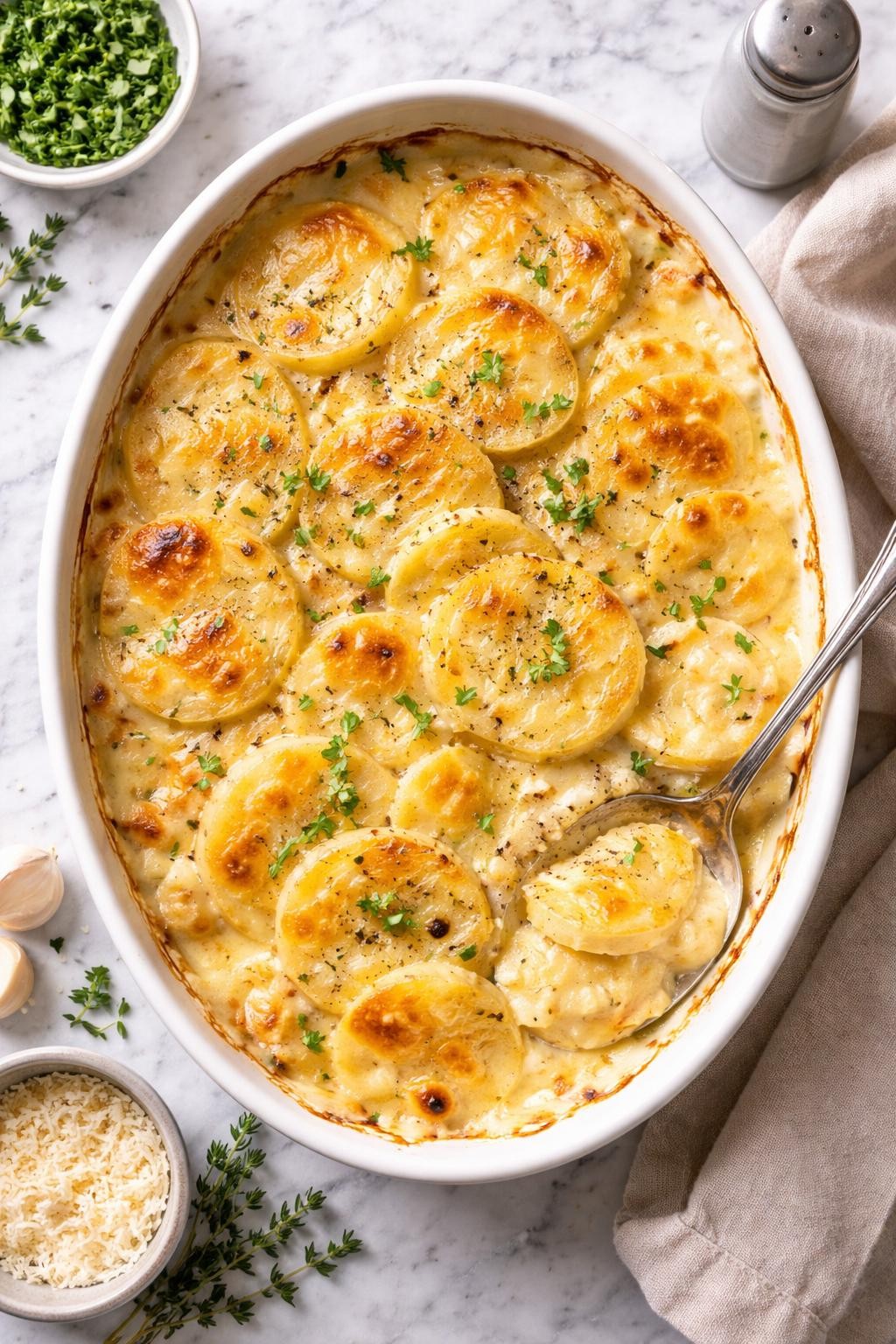 An overheard picture view of a plate of Creamy Scalloped Potatoes sitting on a marble countertop table in the kitchen, professional food photography style.