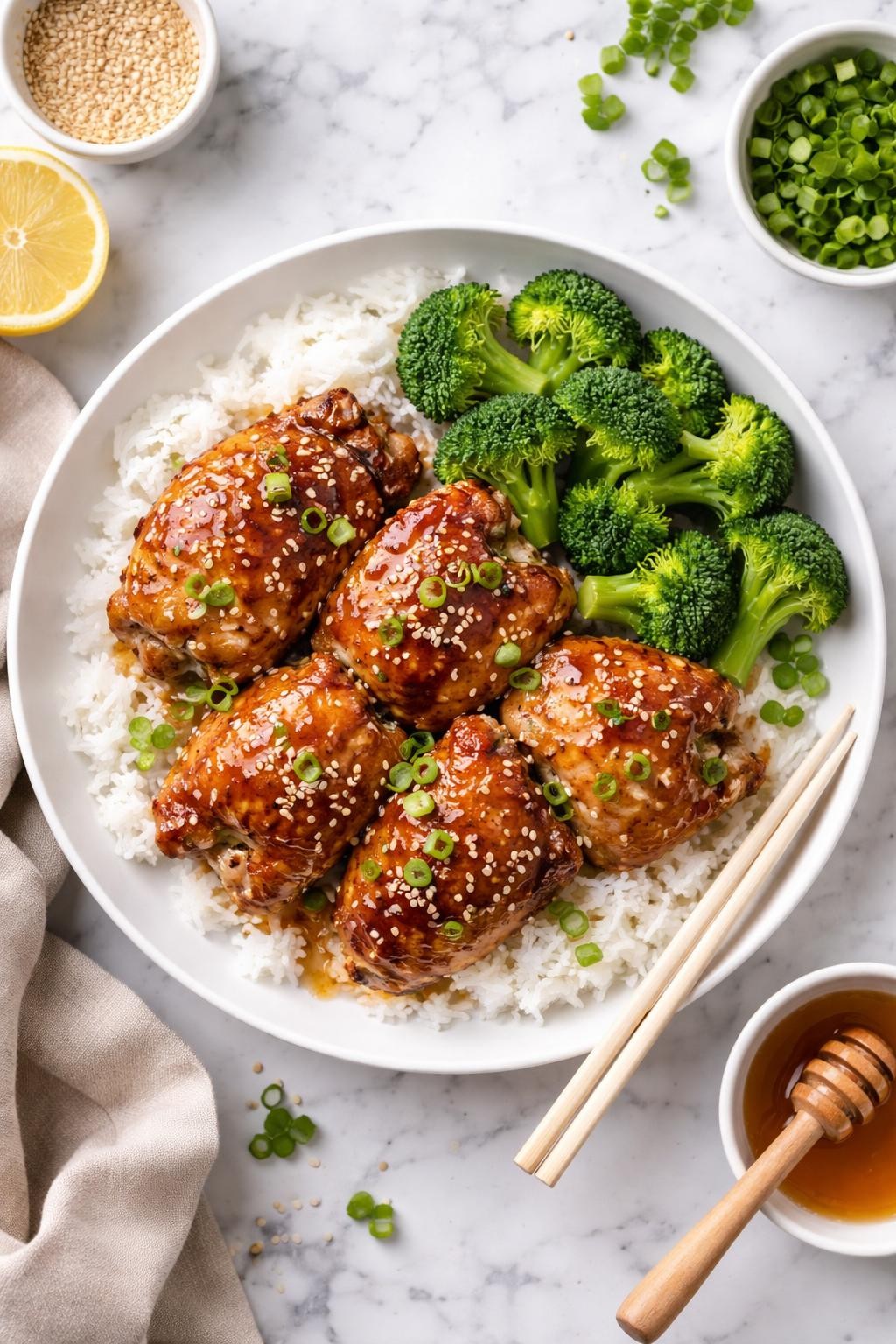 An overheard picture view of a plate of Honey Garlic Chicken sitting on a marble countertop table in the kitchen, professional food photography style.