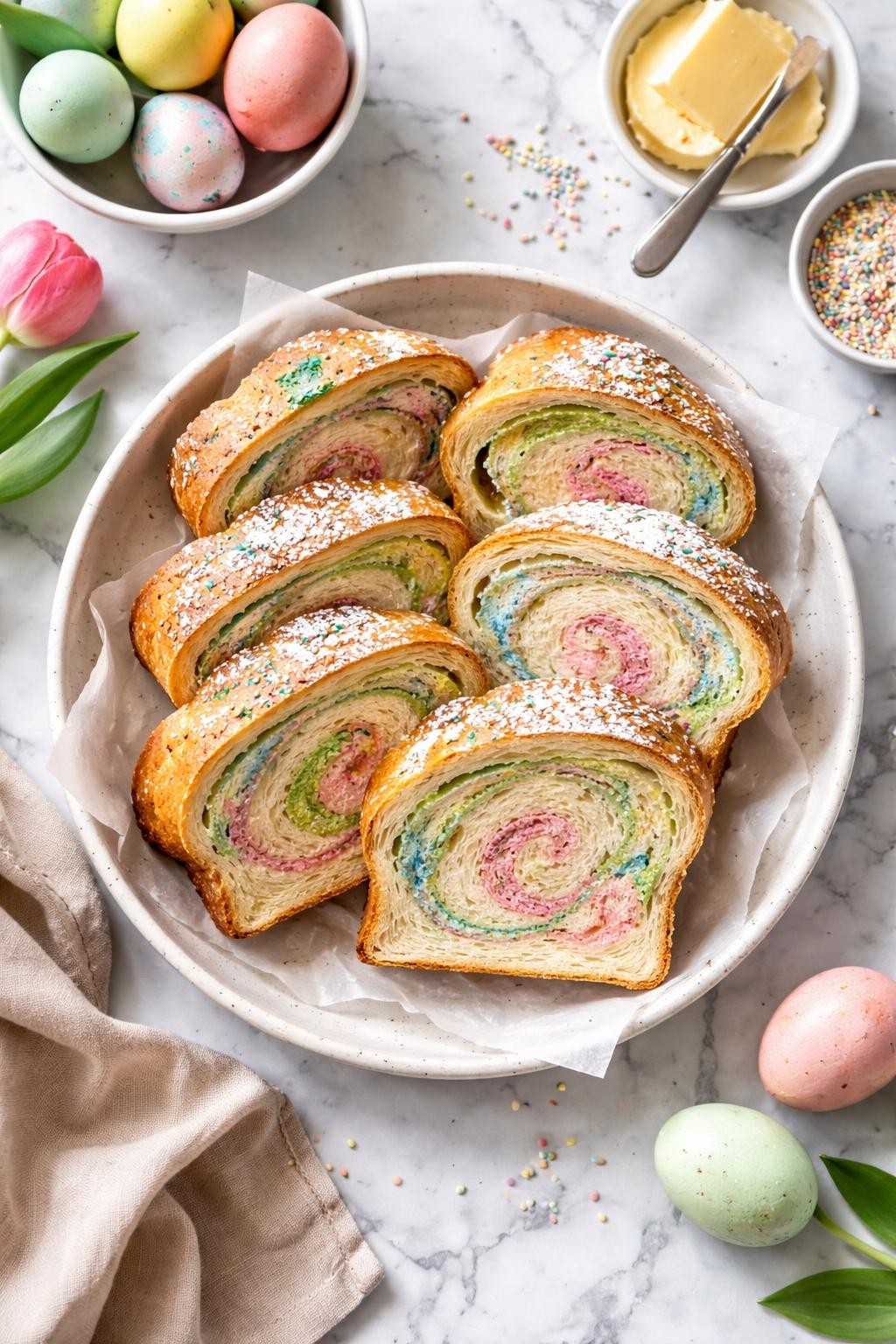An overheard picture view of a plate of Easter Sourdough Swirl Loaf sitting on a marble countertop table in the kitchen, professional food photography style.