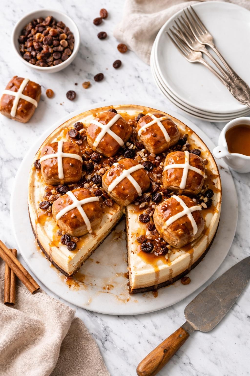 An overheard picture view of a plate of Hot Cross Bun Cheesecake sitting on a marble countertop table in the kitchen, professional food photography style.