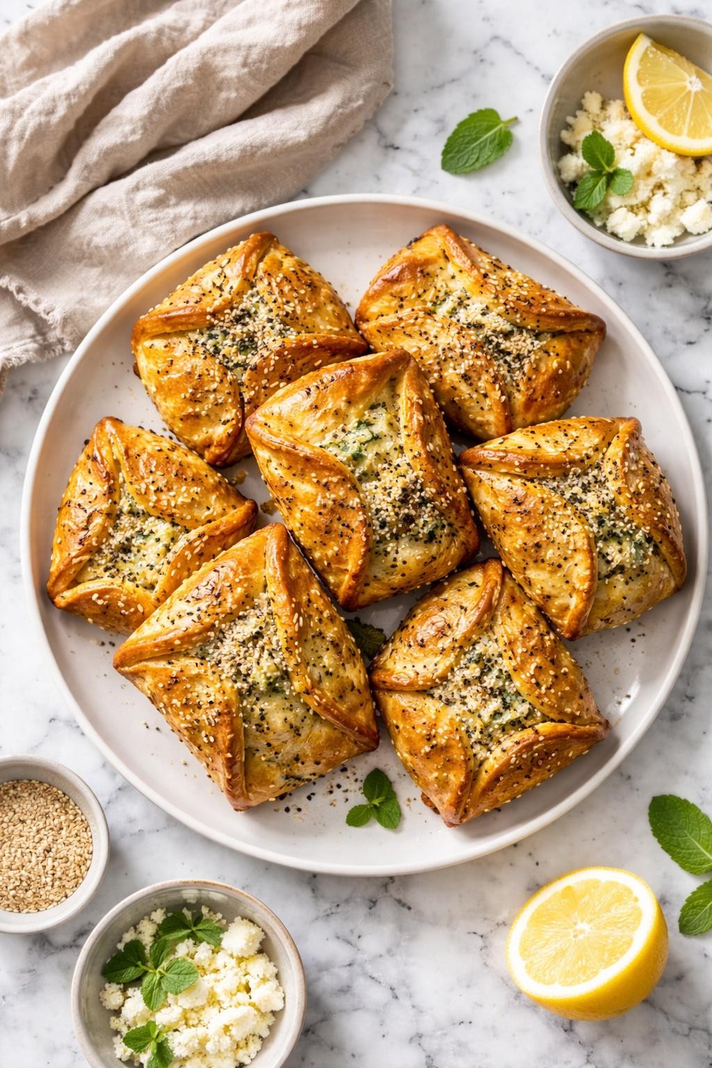 An overheard picture view of a plate of Flaounes (Cypriot Easter Cheese Pies) sitting on a marble countertop table in the kitchen, professional food photography style.