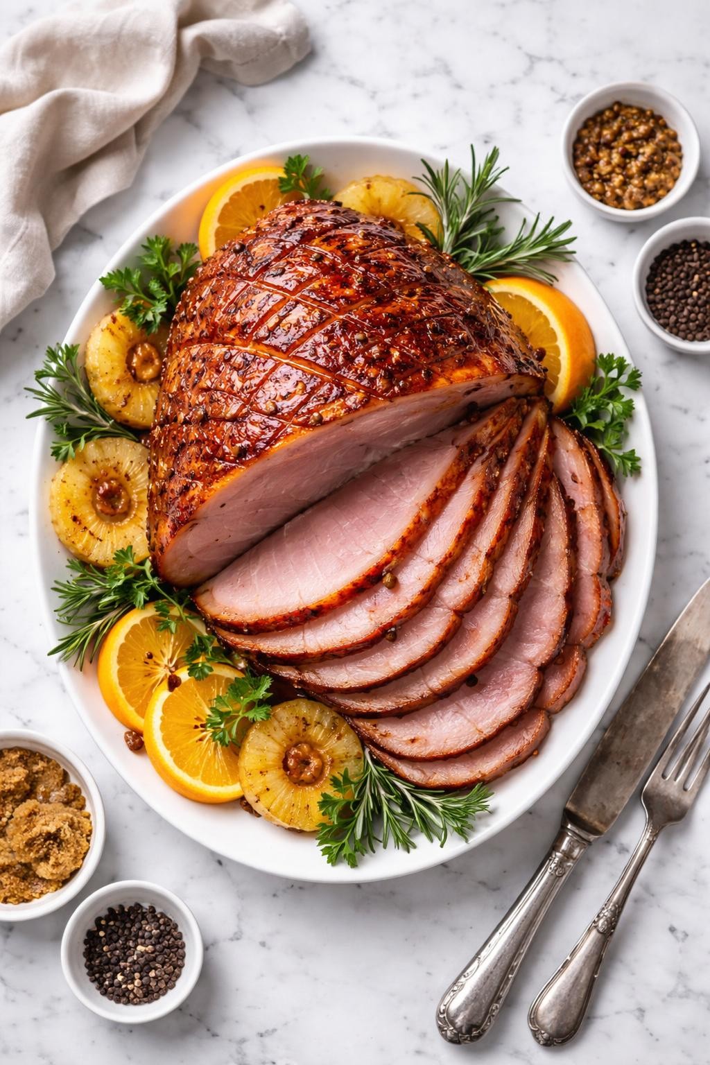 An overheard picture view of a plate of Classic Glazed Ham sitting on a marble countertop table in the kitchen, professional food photography style.