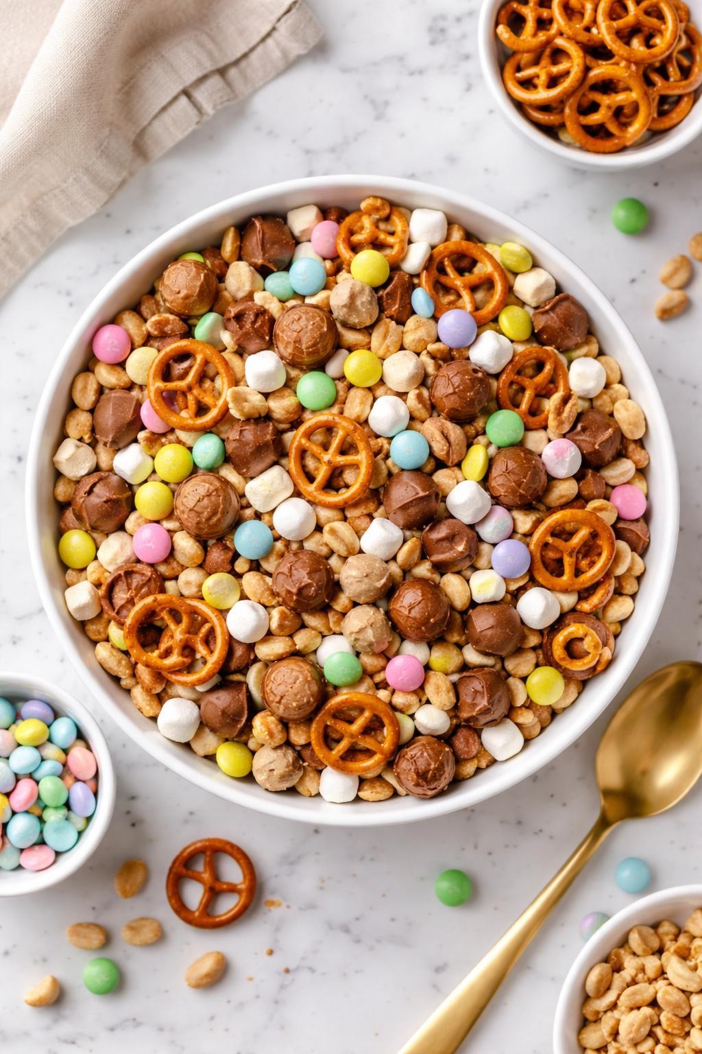 An overheard picture view of a plate of Peanut Butter Cup Easter Trail Mix sitting on a marble countertop table in the kitchen, professional food photography style.