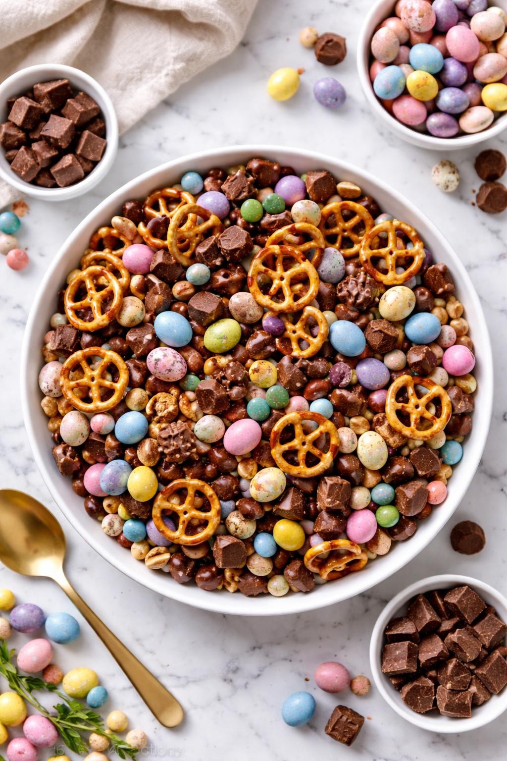 An overheard picture view of a plate of Chocolate Lover's Easter Trail Mix sitting on a marble countertop table in the kitchen, professional food photography style.