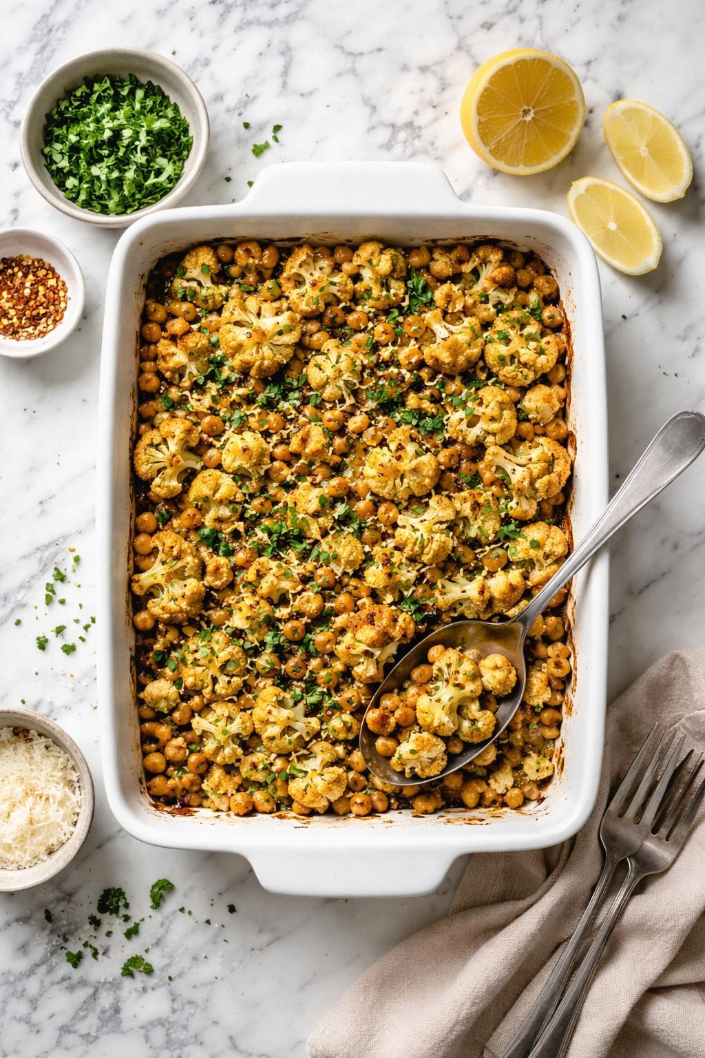 An overheard picture view of a plate of Herbed Cauliflower and Chickpea Casserole sitting on a marble countertop table in the kitchen, professional food photography style.
