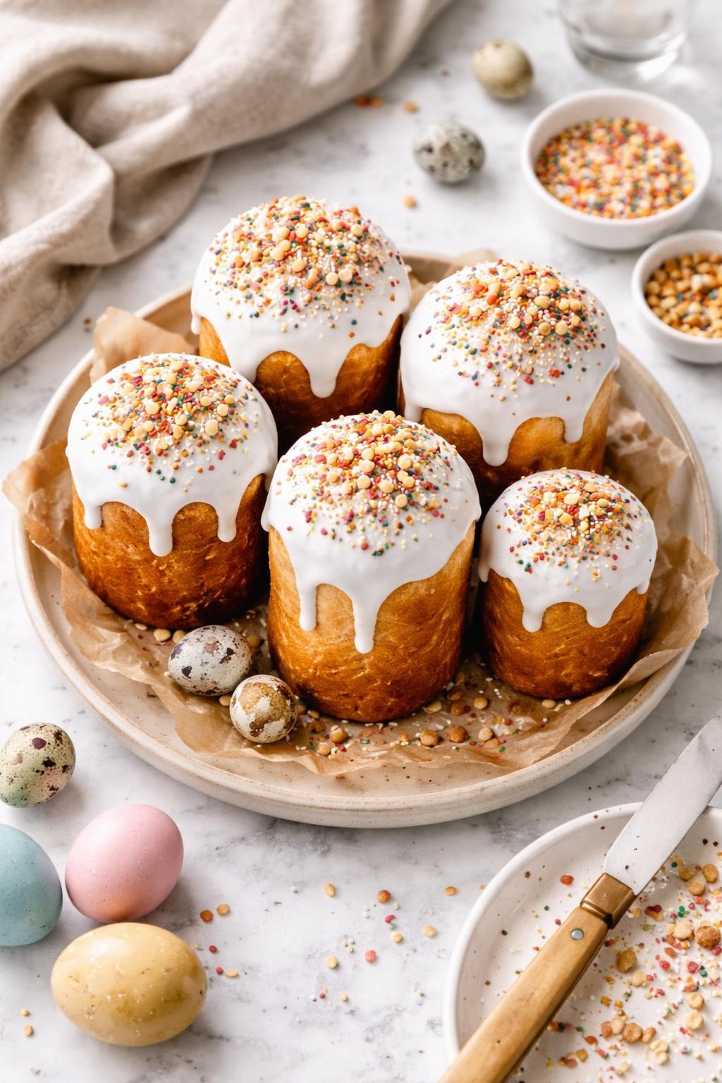 An overheard picture view of a plate of Sourdough Kulich (Russian Easter Bread) sitting on a marble countertop table in the kitchen, professional food photography style.