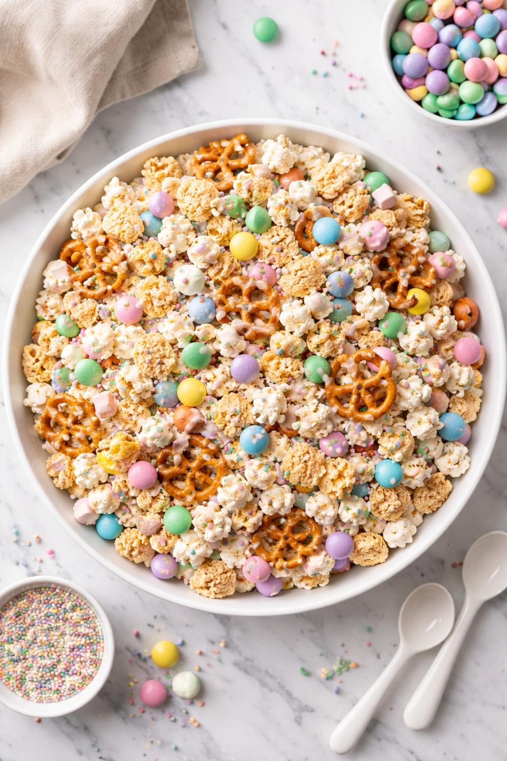 An overheard picture view of a plate of White Chocolate Easter Snack Mix sitting on a marble countertop table in the kitchen, professional food photography style.