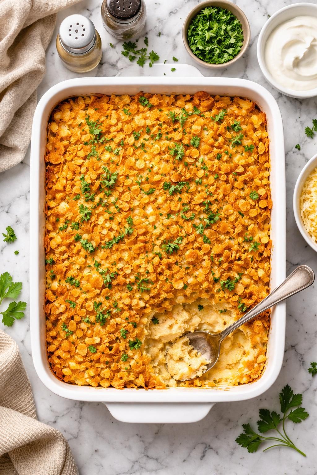 An overheard picture view of a plate of Funeral Potatoes sitting on a marble countertop table in the kitchen, professional food photography style.