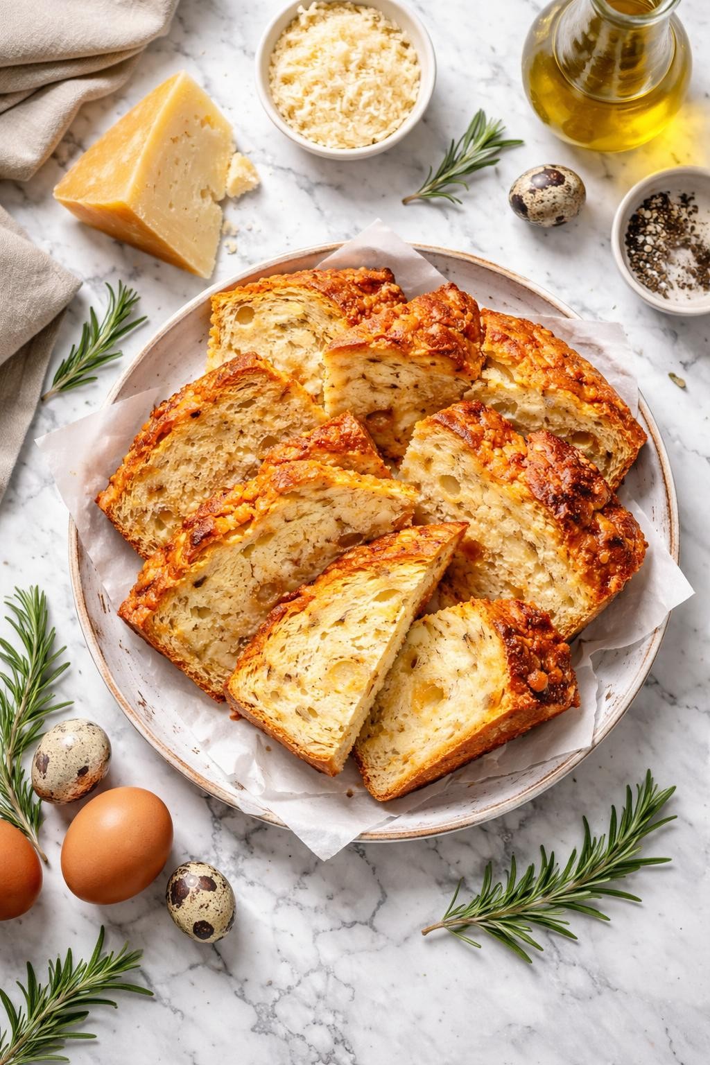 An overheard picture view of a plate of Pizza di Pasqua (Easter Cheese Bread from Umbria/Marche) sitting on a marble countertop table in the kitchen, professional food photography style.