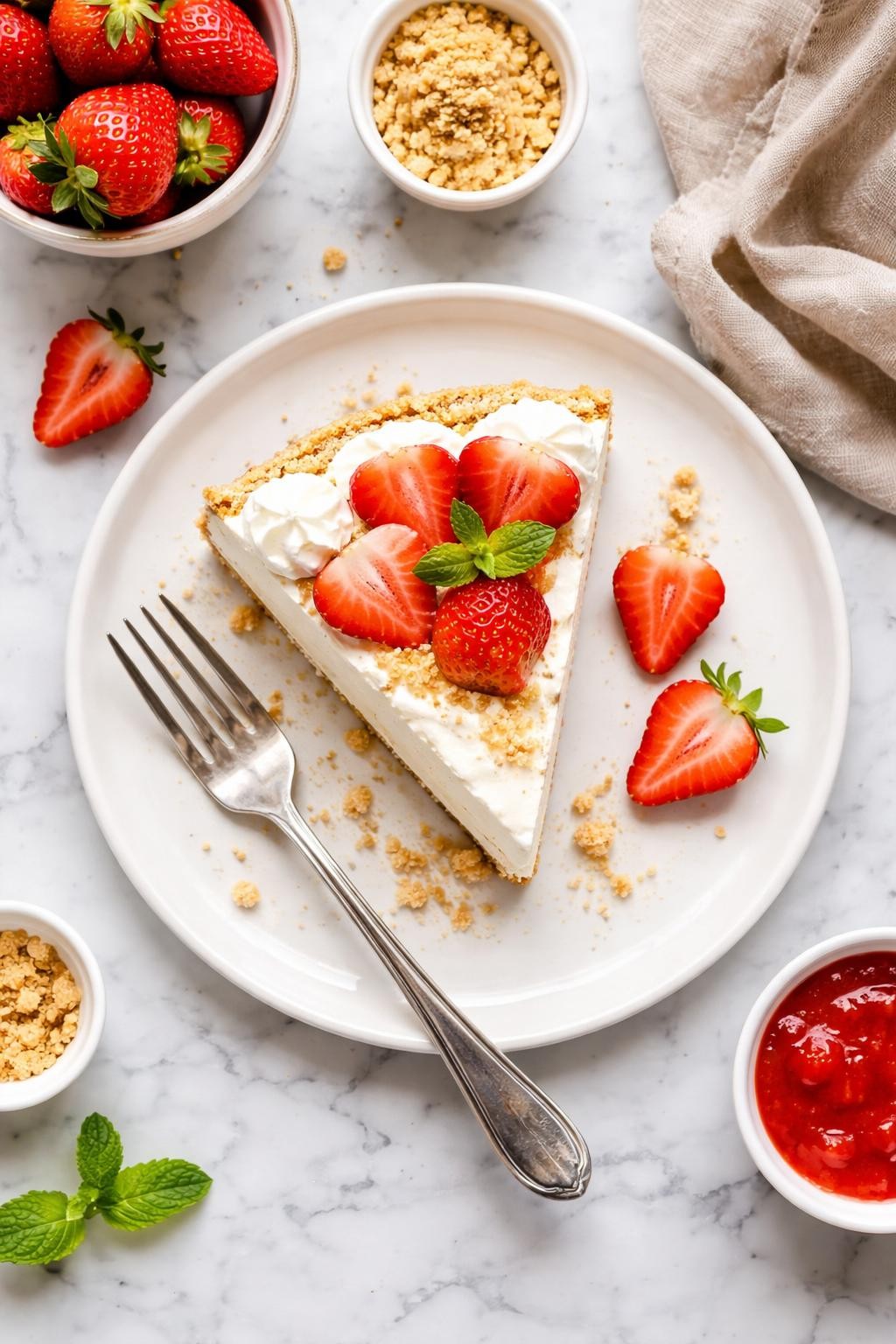 An overheard picture view of a plate of No-Bake Strawberries & Cream Cheesecake sitting on a marble countertop table in the kitchen, professional food photography style.