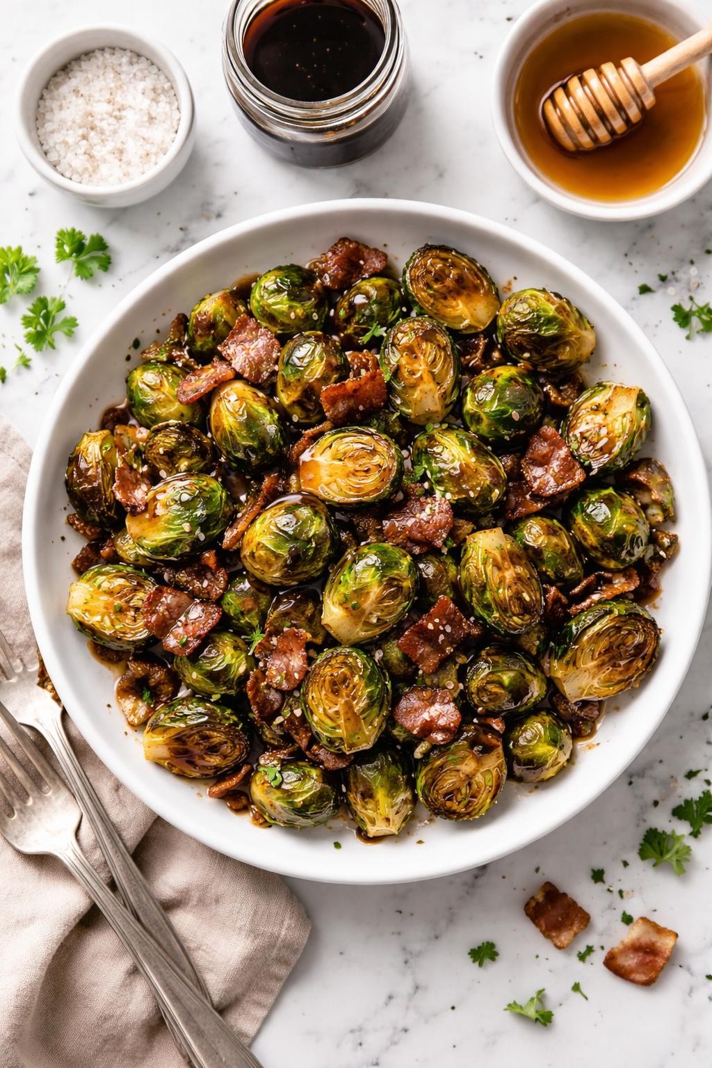 An overheard picture view of a plate of Honey Balsamic Brussels Sprouts with Bacon sitting on a marble countertop table in the kitchen, professional food photography style.