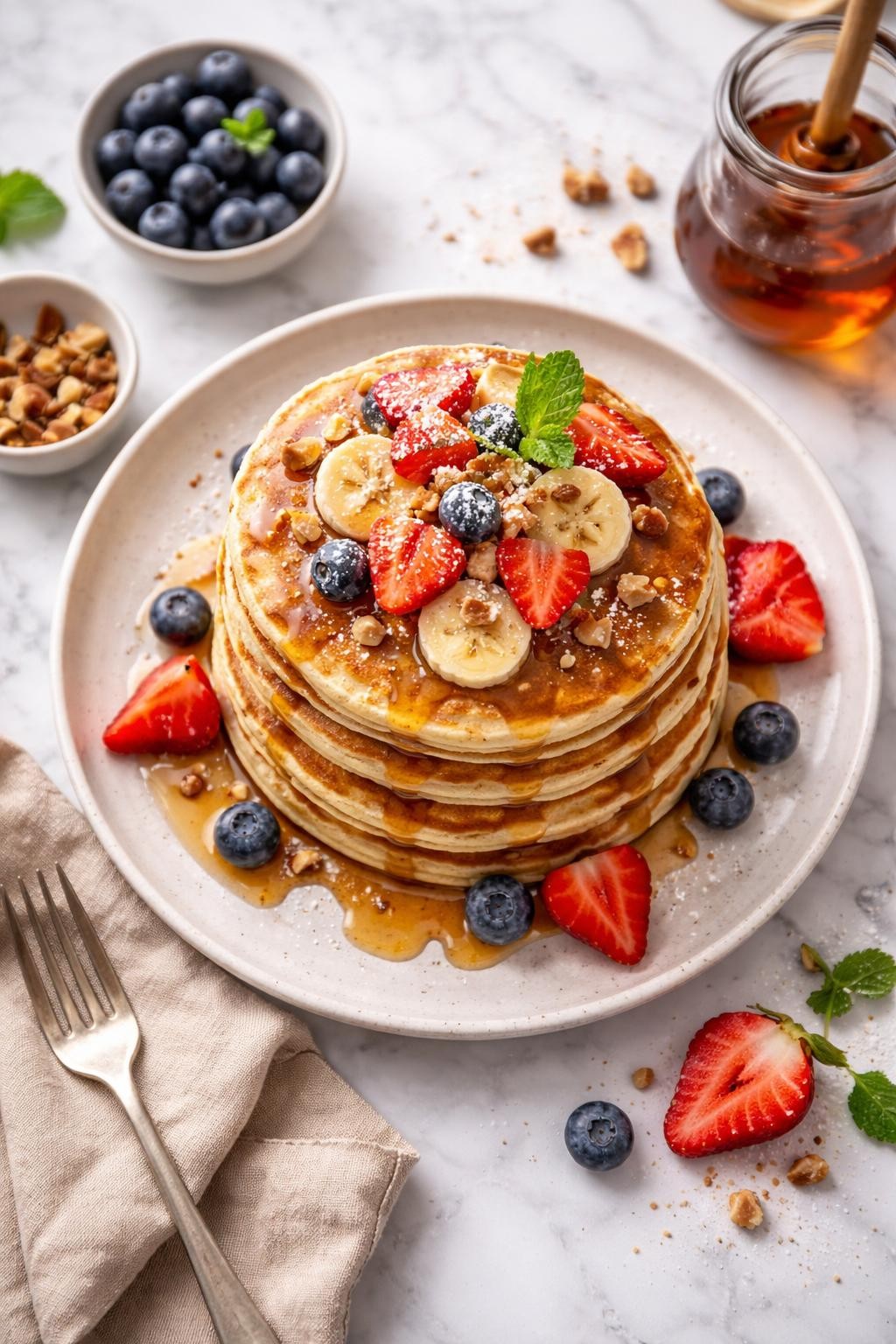 An overheard picture view of a plate of Fluffy Vegan Pancakes sitting on a marble countertop table in the kitchen, professional food photography style.