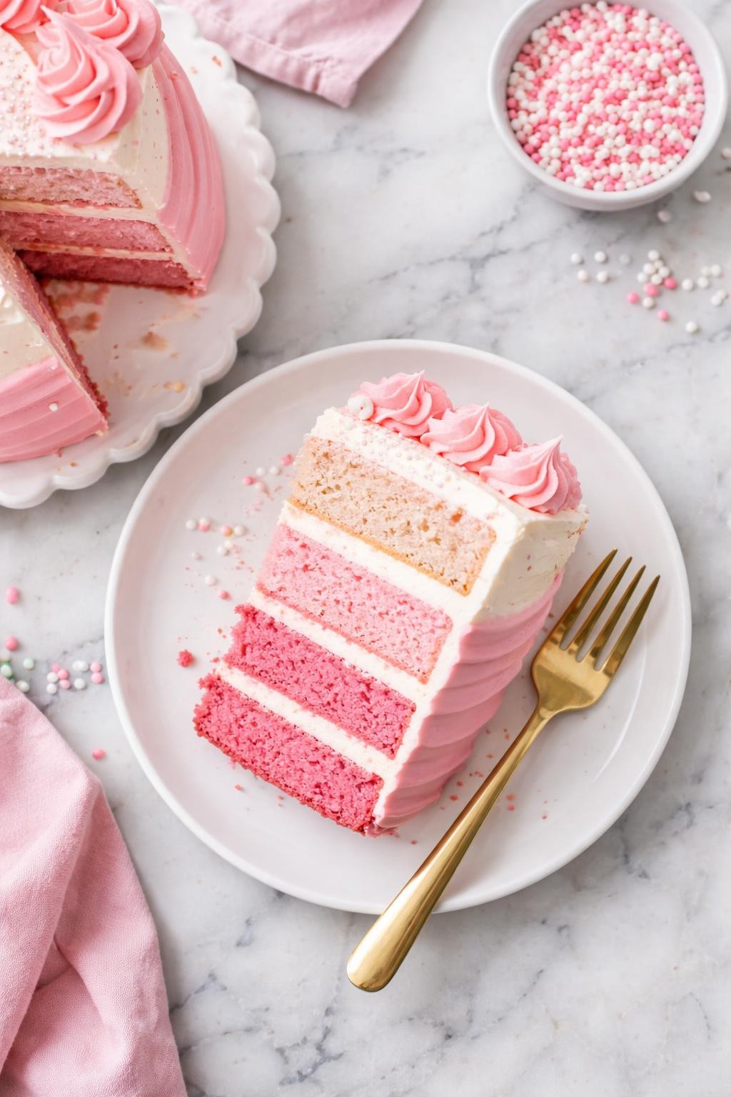 An overheard picture view of a plate of Pink Ombre Layer Cake sitting on a marble countertop table in the kitchen, professional food photography style.