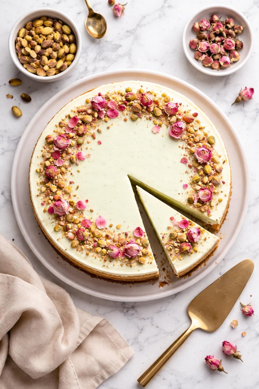 An overheard picture view of a plate of Pistachio and Rose Cheesecake sitting on a marble countertop table in the kitchen, professional food photography style.