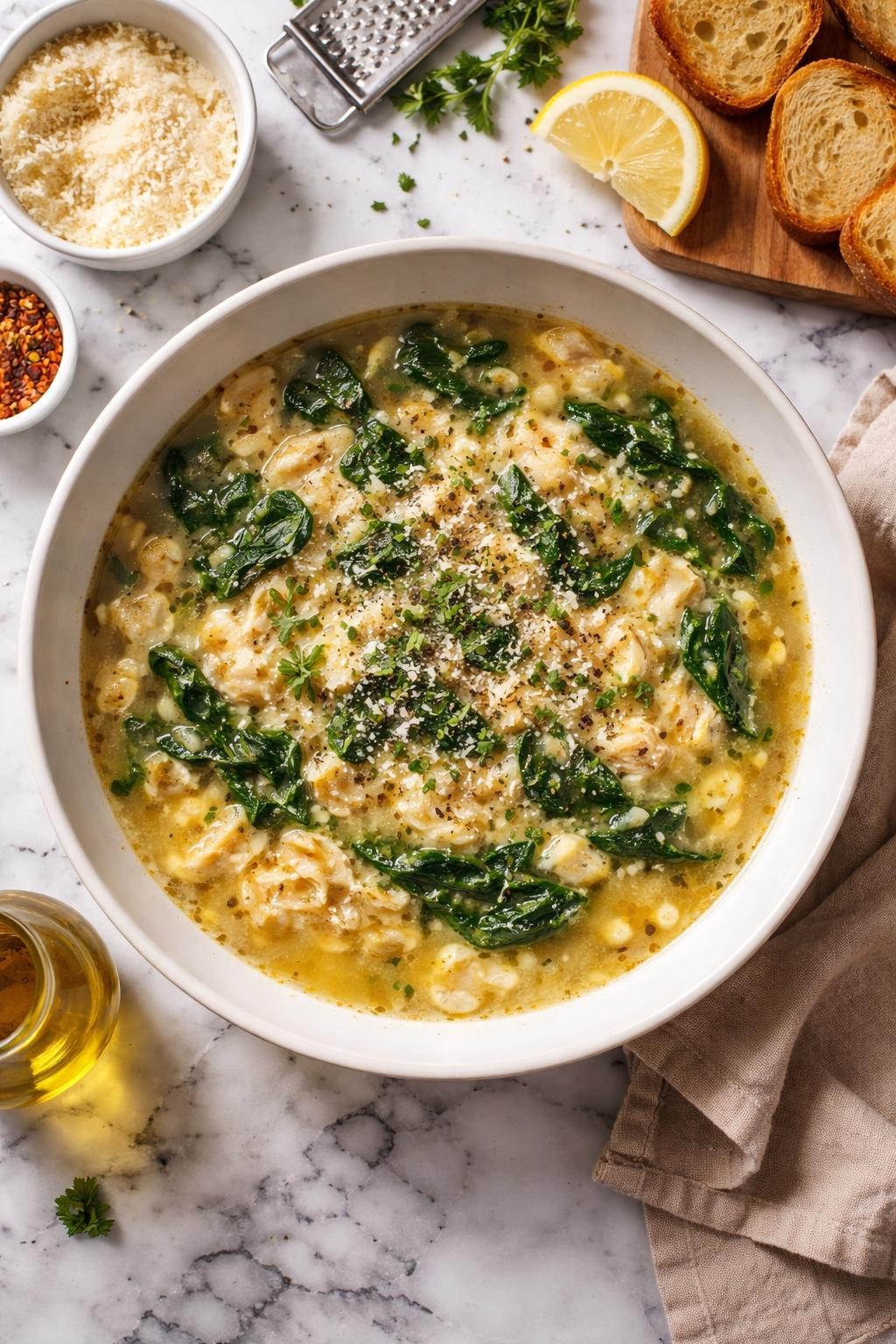 An overheard picture view of a plate of Stracciatella alla Romana sitting on a marble countertop table in the kitchen, professional food photography style.