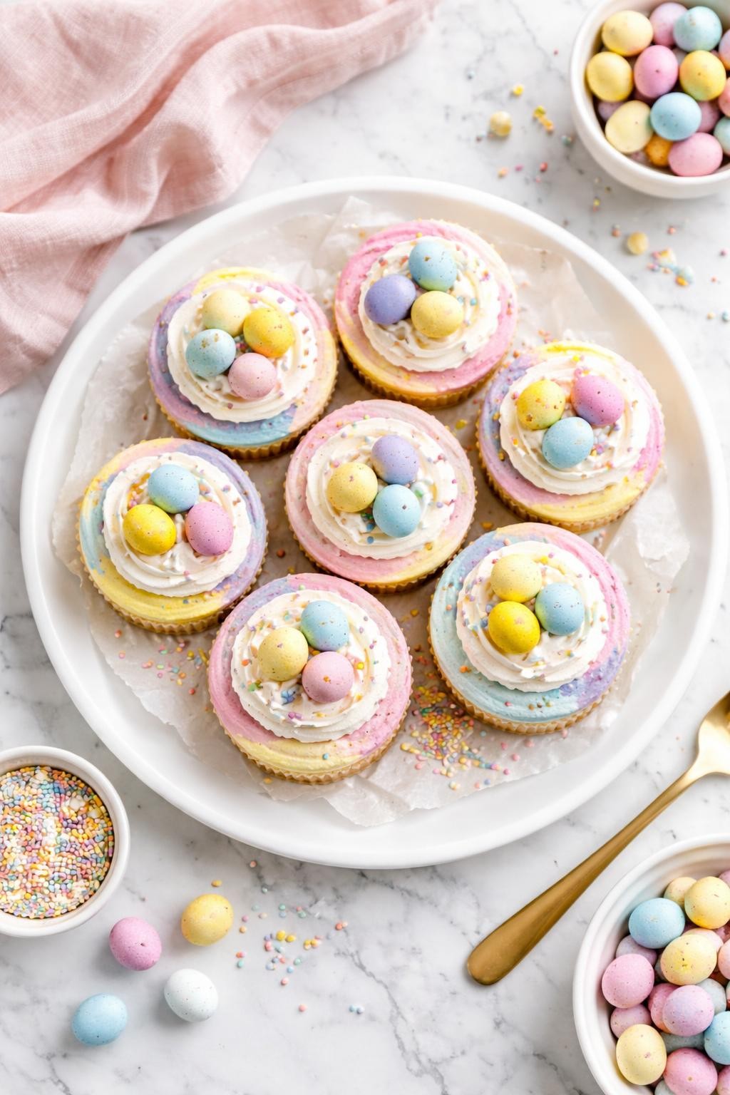 An overheard picture view of a plate of Mini Easter Cheesecakes (Pastel Colored) sitting on a marble countertop table in the kitchen, professional food photography style.