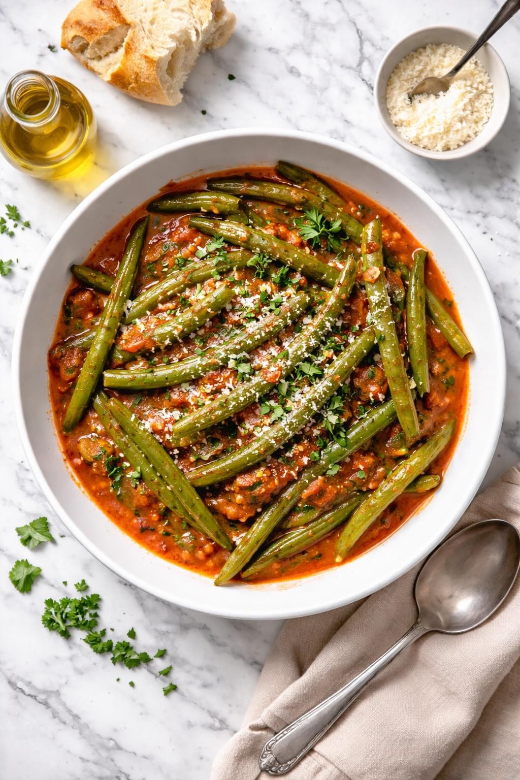 An overheard picture view of a plate of Fagiolini in Umido (Green Beans in Tomato Sauce) sitting on a marble countertop table in the kitchen, professional food photography style.