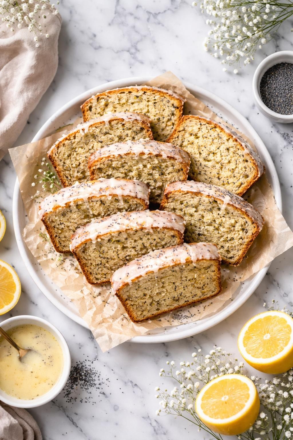 An overheard picture view of a plate of Sourdough Lemon Poppy Seed Easter Loaf sitting on a marble countertop table in the kitchen, professional food photography style.