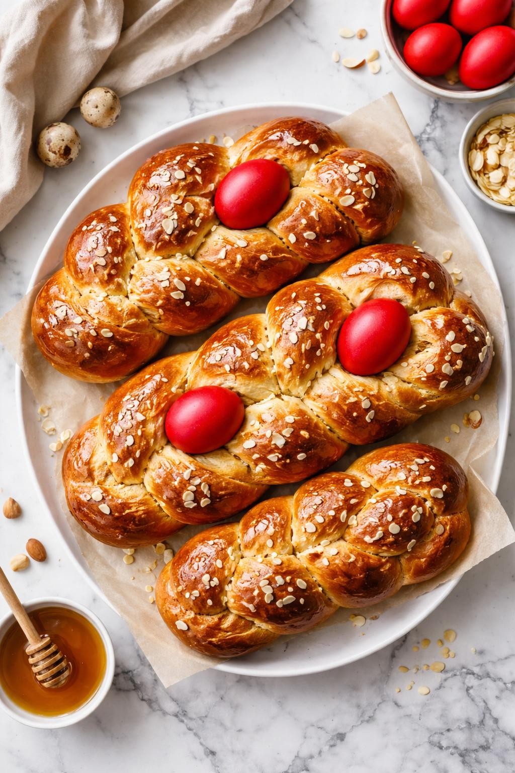 An overheard picture view of a plate of Tsoureki (Greek Easter Bread) sitting on a marble countertop table in the kitchen, professional food photography style.