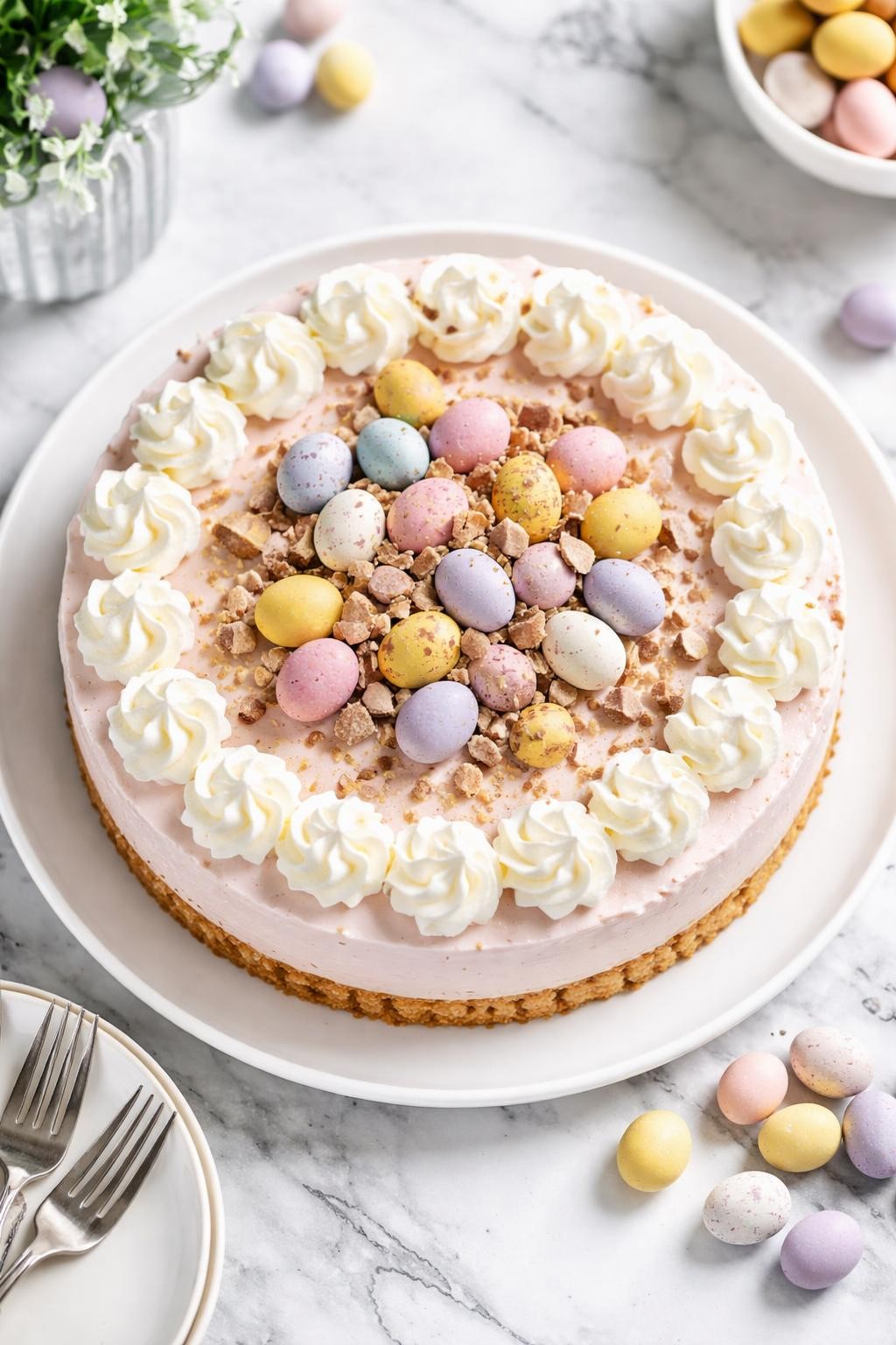 An overheard picture view of a plate of No-Bake Mini Egg Cheesecake sitting on a marble countertop table in the kitchen, professional food photography style.