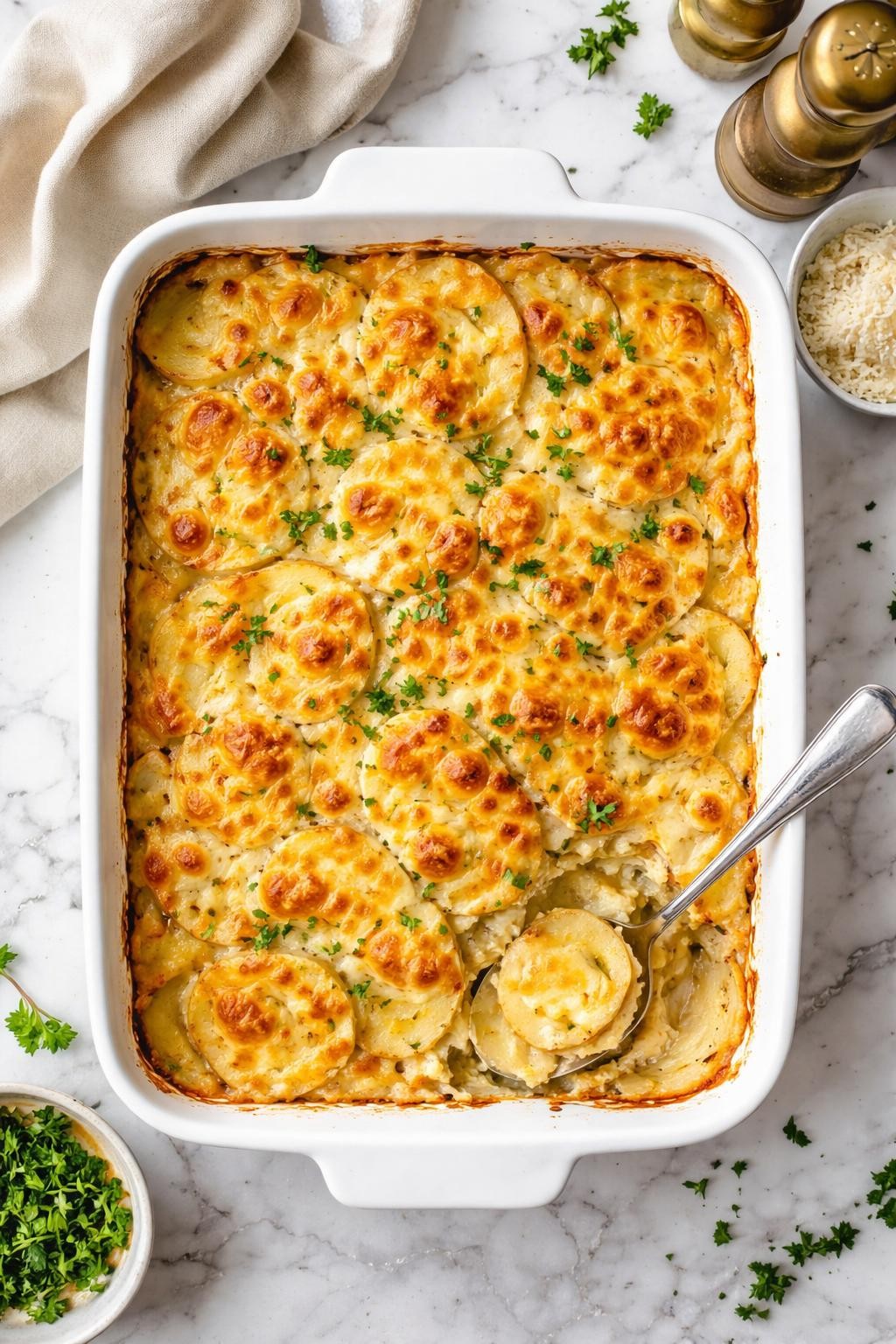 An overheard picture view of a plate of Cheesy Scalloped Potatoes sitting on a marble countertop table in the kitchen, professional food photography style.