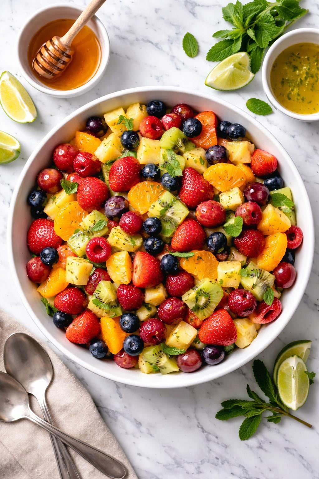 An overheard picture view of a plate of Make-Ahead Fruit Salad with Honey Lime Dressing sitting on a marble countertop table in the kitchen, professional food photography style.