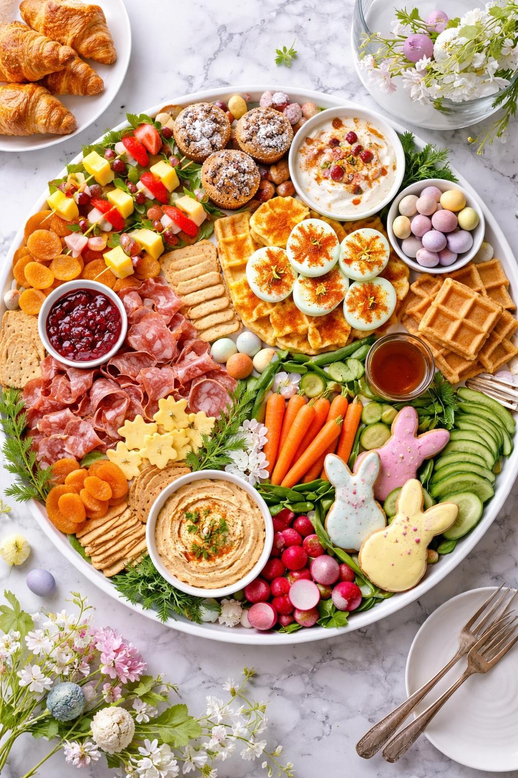An overheard picture view of a plate of Easter Brunch Charcuterie Board sitting on a marble countertop table in the kitchen, professional food photography style.