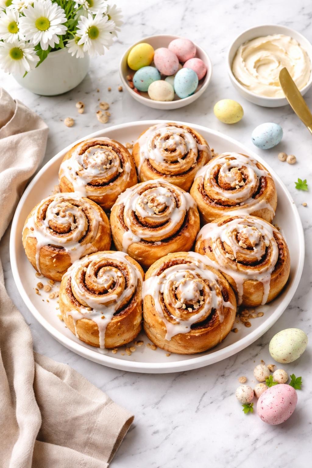 An overheard picture view of a plate of Sourdough Cinnamon Rolls for Easter Morning sitting on a marble countertop table in the kitchen, professional food photography style.