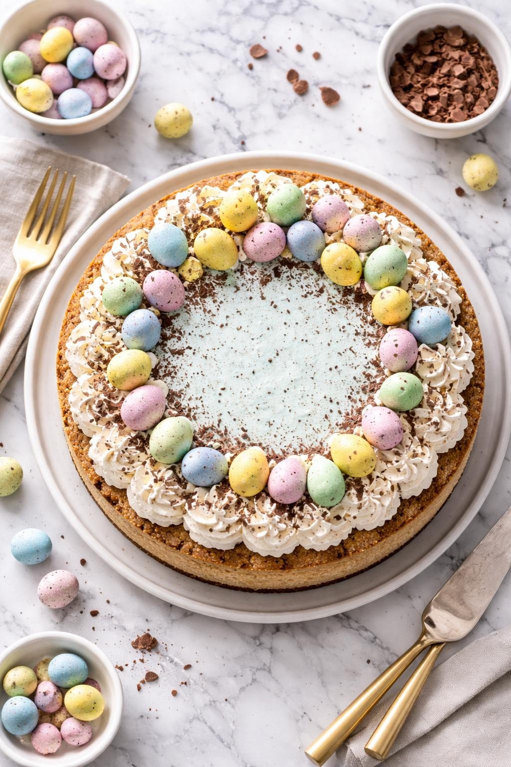 An overheard picture view of a plate of Speckled Easter Egg Cheesecake sitting on a marble countertop table in the kitchen, professional food photography style.
