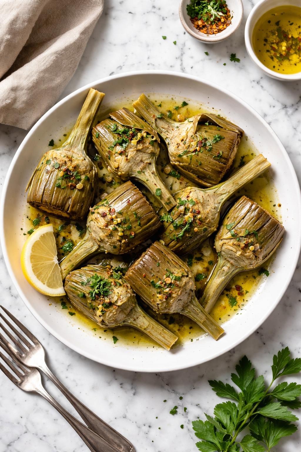 An overheard picture view of a plate of Carciofi alla Romana (Roman-Style Braised Artichokes) sitting on a marble countertop table in the kitchen, professional food photography style.